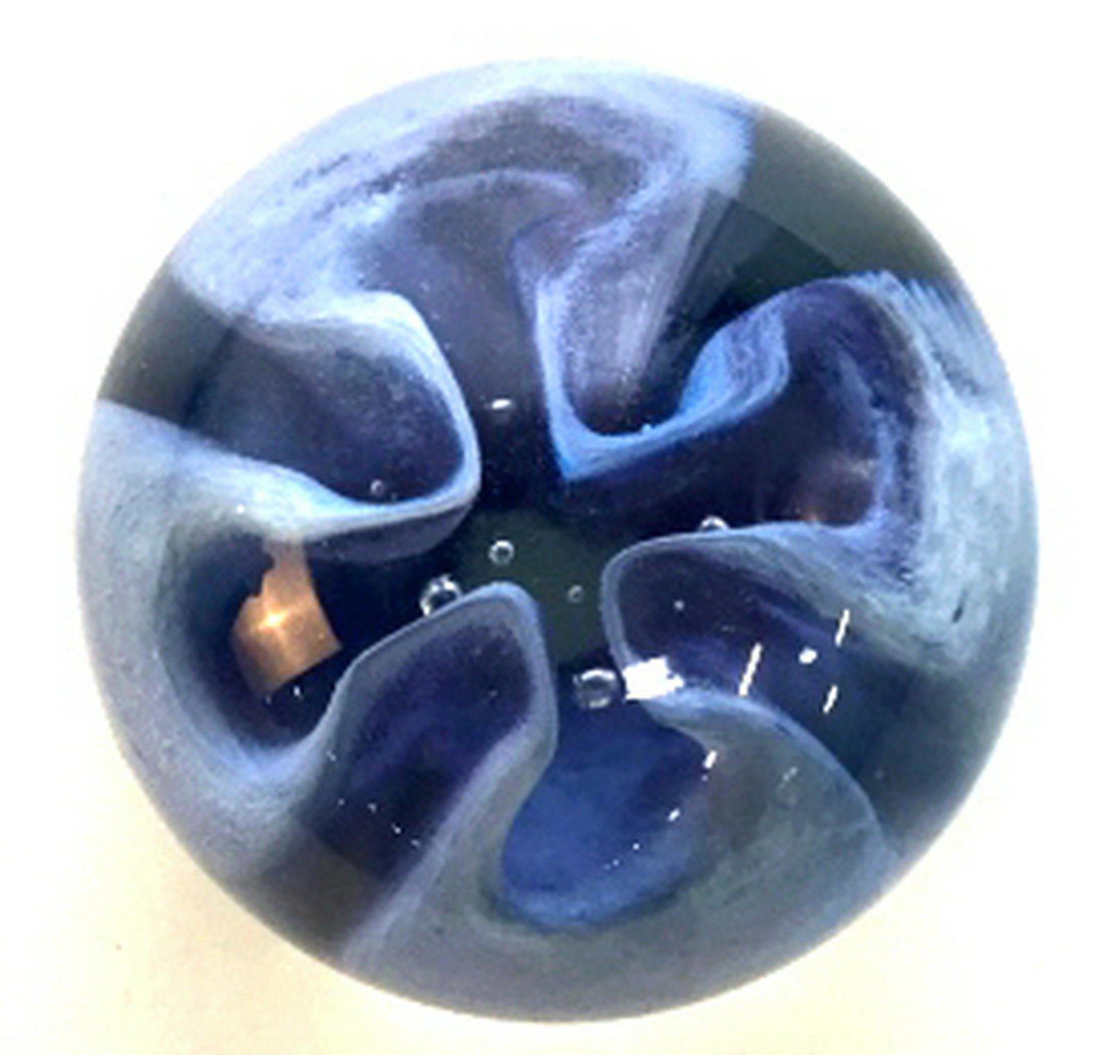 Blue Glass Paperweight Glass crafted paperweight with: Glass crafted paperweight with blue design inside. Approximately 3 inches. Engraved on the bottom. Glass paperweight, paperweights, Blue paperweight. 5