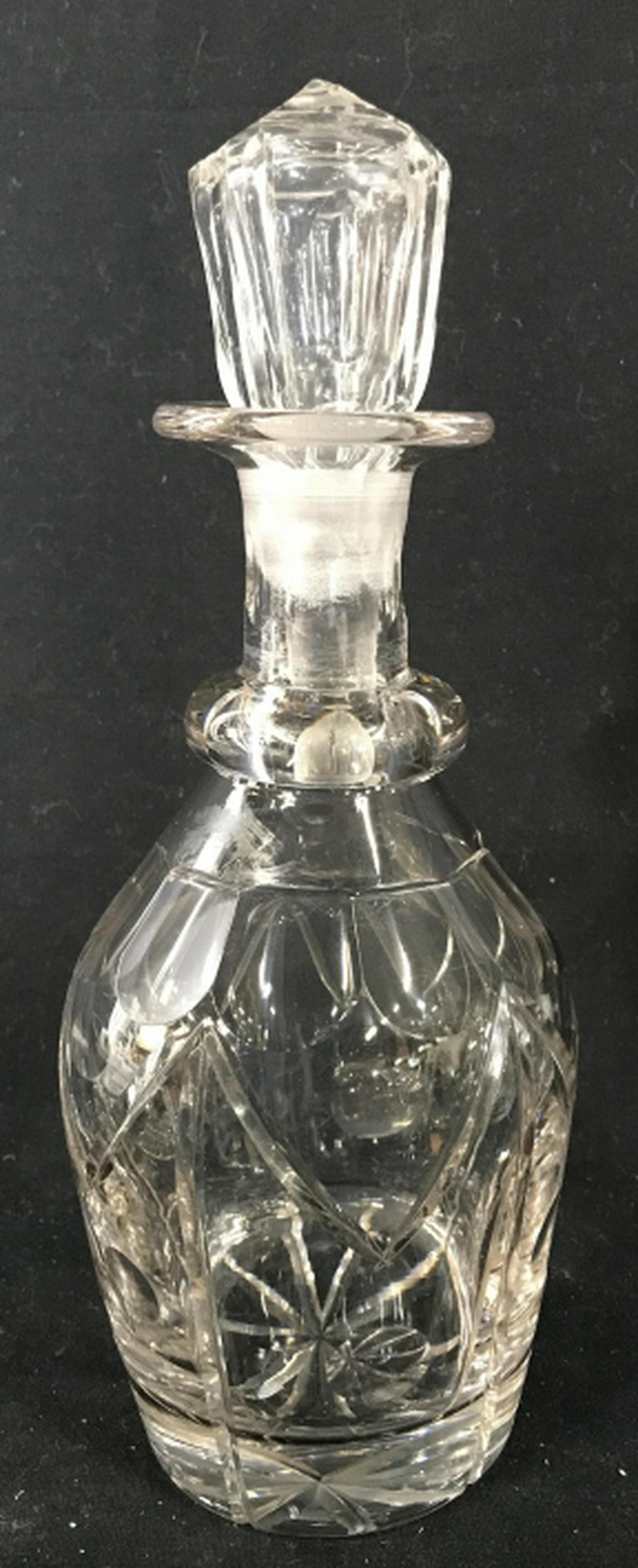 Vintage Cut Glass Decanter with Stopper Designs of: Designs of circles and vertical zig zag lines. Approx 12 in height, 14 in. circumference. Some nicks on stopper. Barware, Beverage Holder, Glass Bottle, Decanter, Glassware, 3