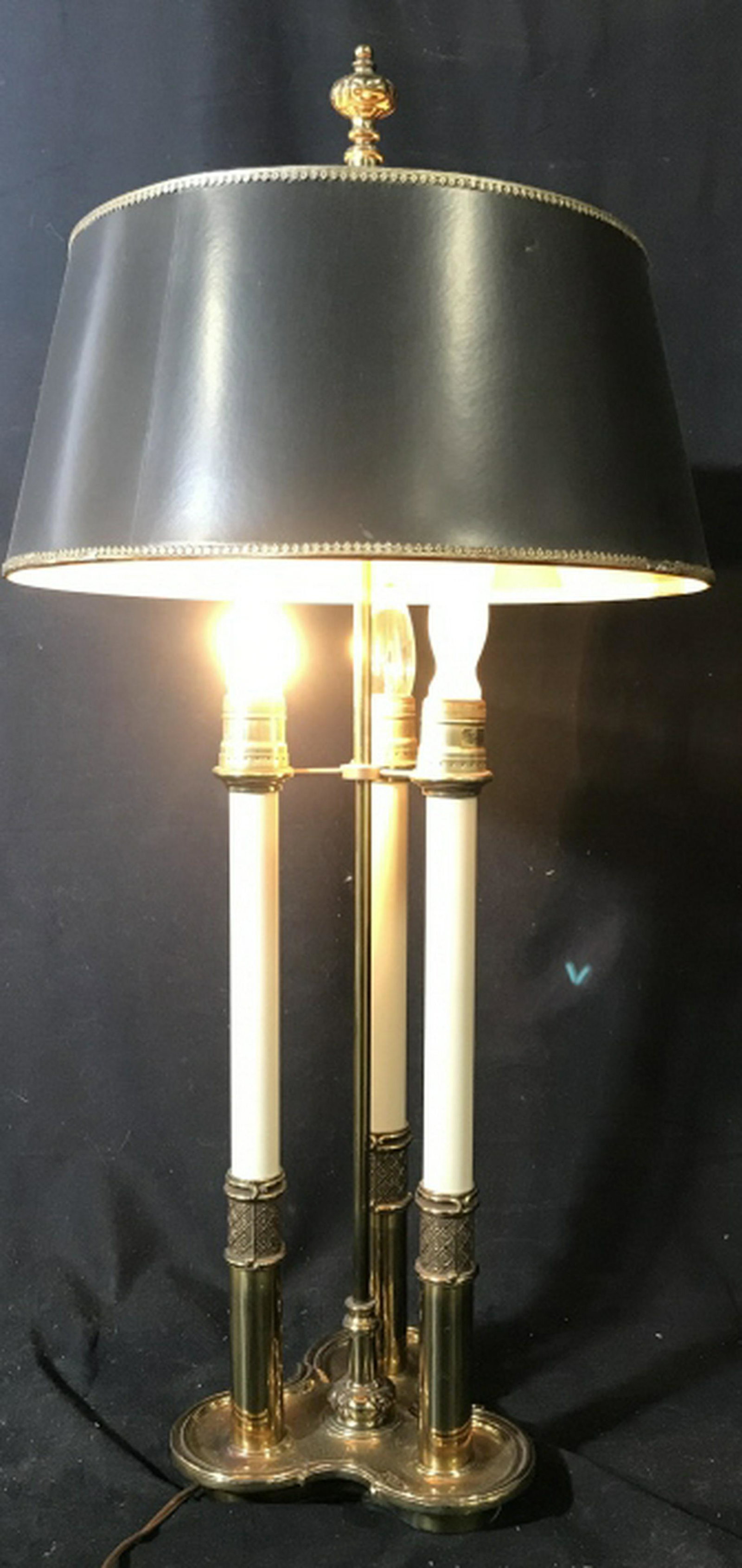 LEVITON 3 Bulb Chandelier Old Brass Lamp Brass Detail: Brass Detail on base, column and finial, tapered Drum Shape Shade that moves higher or lower, 3 chandelier lights. Working condition. 3 way lights, 1 bulb at a time, switch on base. 8 in. wide base, h
