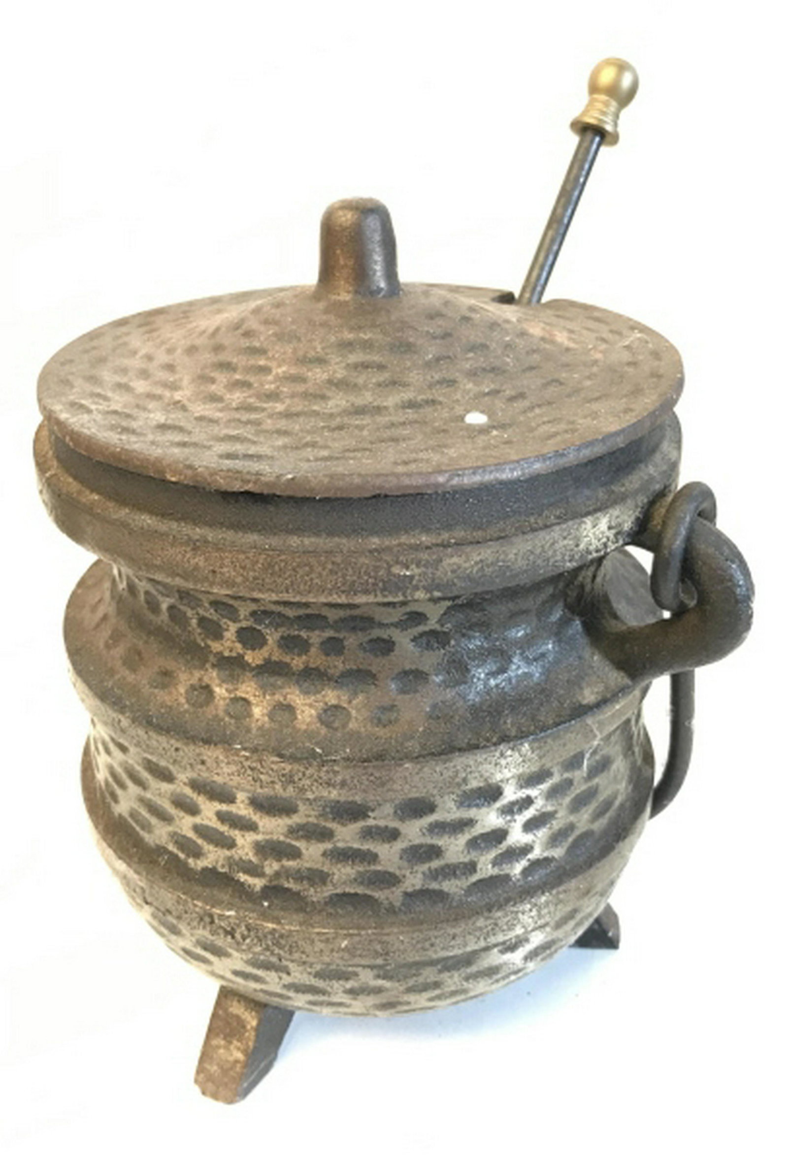 Antique Japanese Cast Iron Home accessories antique: antique cast iron fire starter set includes a bucket and a cast iron fire starter jar with lid and stirrer. Jar has some detailing and some rust inside. Bucket handle does not move and there is a dent