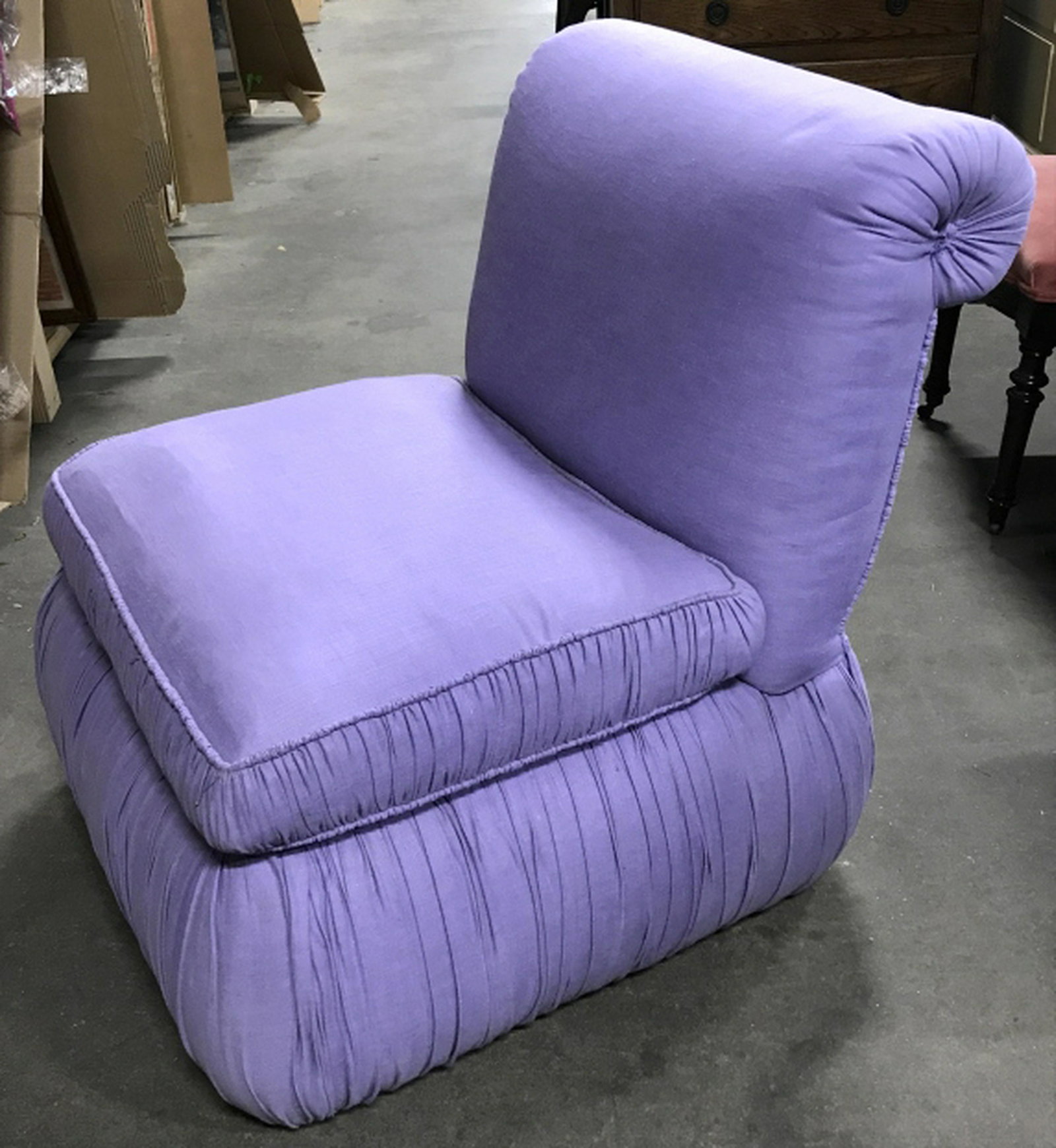 Vintage Lavender Pouf Cushioned Chair Vintage pouf: Vintage pouf cushioned Chair, lavender in tone. Chair has seat and back. Measures approx 31.5 inches in height by 27 inches in width by 28 inches in depth. Some surface wear like discoloration, might 