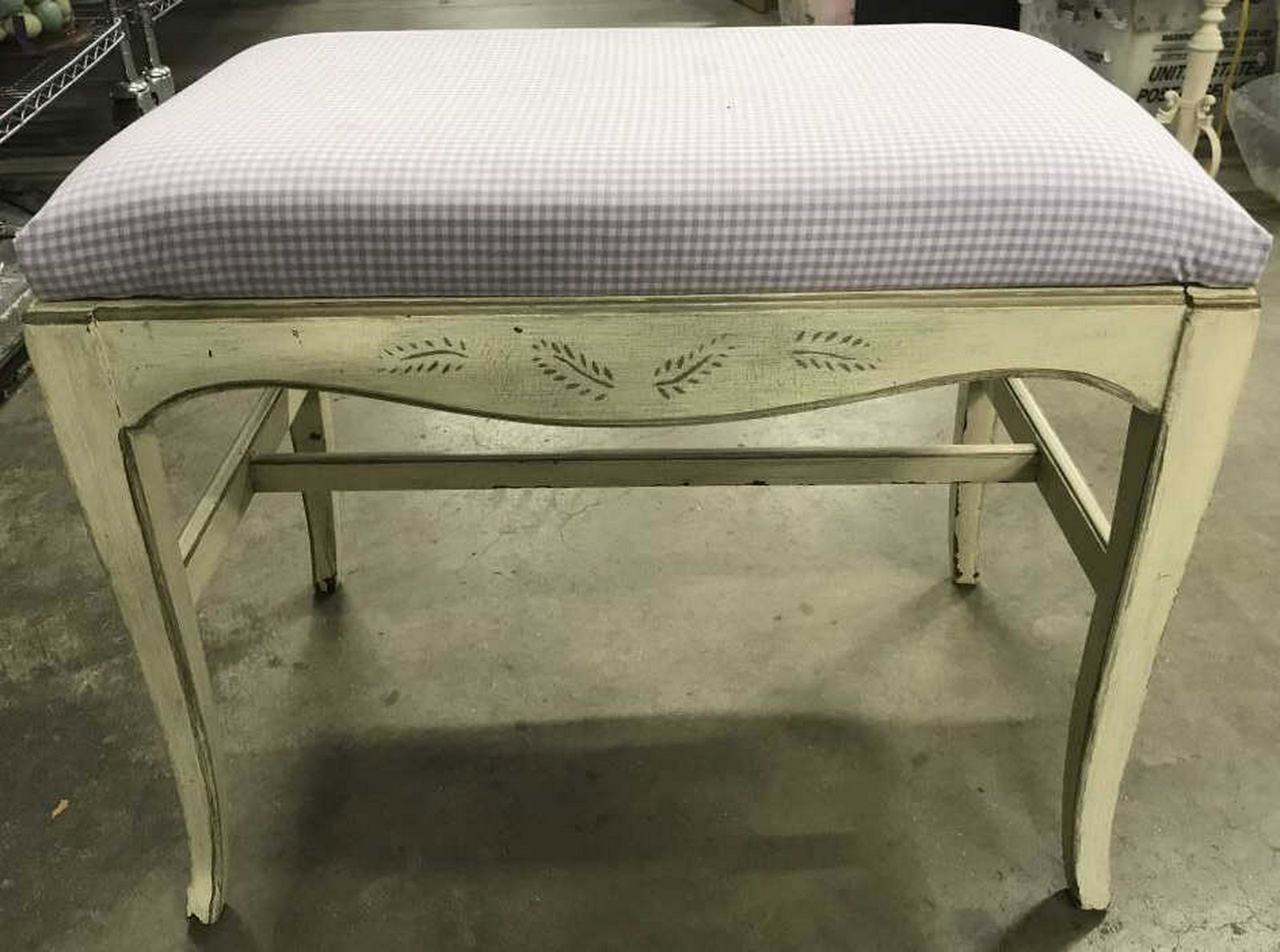 Country French Painted Upholstered Bench Lilac checked: Lilac checked fabric on painted wood frame and base,country French style bench, seat, ottoman, foot rest measures ht 19 inches top 24 by 14 inches, up upholstery needs cleaning