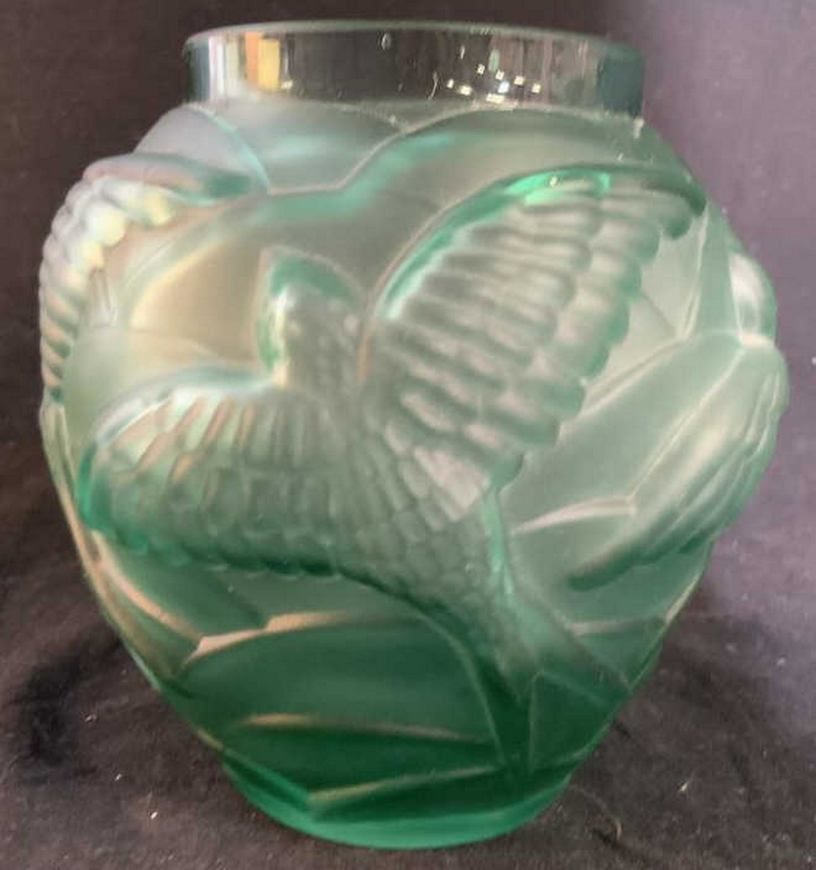 Green Frosted Art Glass Vase Relief of bird design,: Relief of bird design, style of Lalique, decorative tableware measures htv5.5 inches diameter app 5 inches