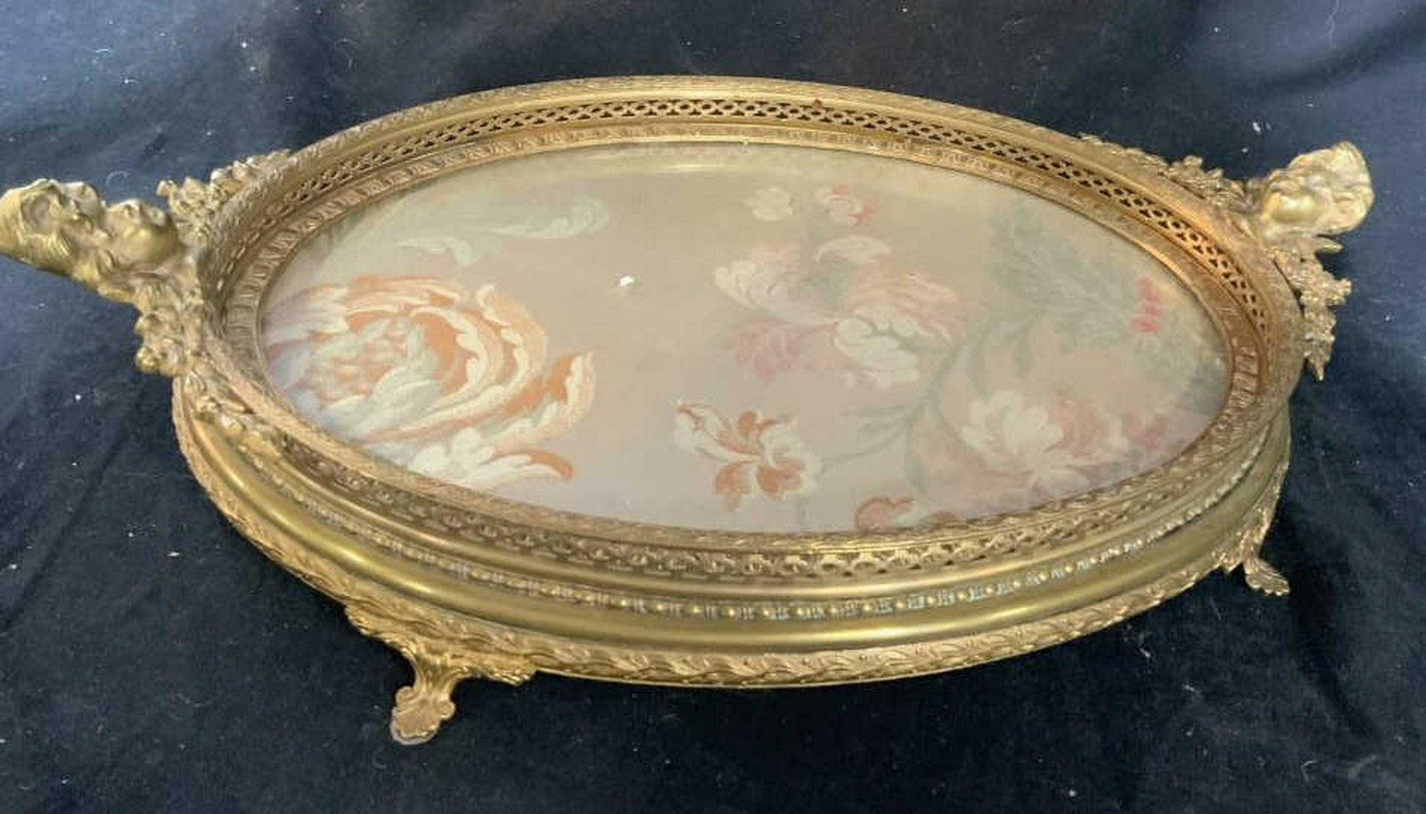 Brass Footed Dresser Tray w Angels Brass gallery, glass: Brass gallery, glass over embroidered silk, angel head sides, measures app length 15 inches by 9 inches, ht app,3 inches vanity tray, dresser tray, home accessory, tableware