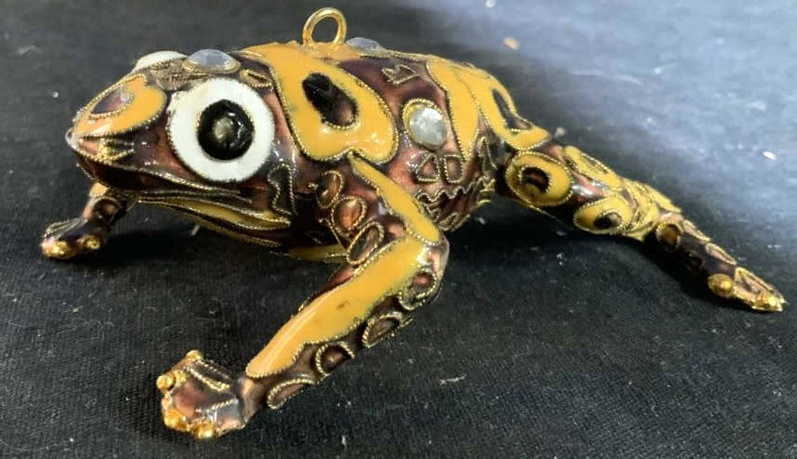 Cloisonné Frog Figural Enamel and wire on metal: Enamel and wire on metal whimsical frog Figural,measures app ht 1.5 inches length app 5 inches. cloisonne, decorative arts and accessories
