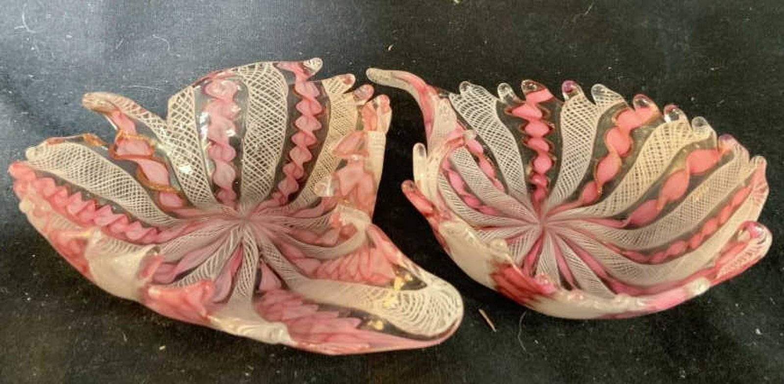 Pr Latticino Italian Art Glass Dishes Two Leaf Form: Two Leaf Form Venetian Glass dishes, pink and white Latticino, tableware, Italian Art Glass, each measures app ht 2 inches 5.5 by 4.4 inches
