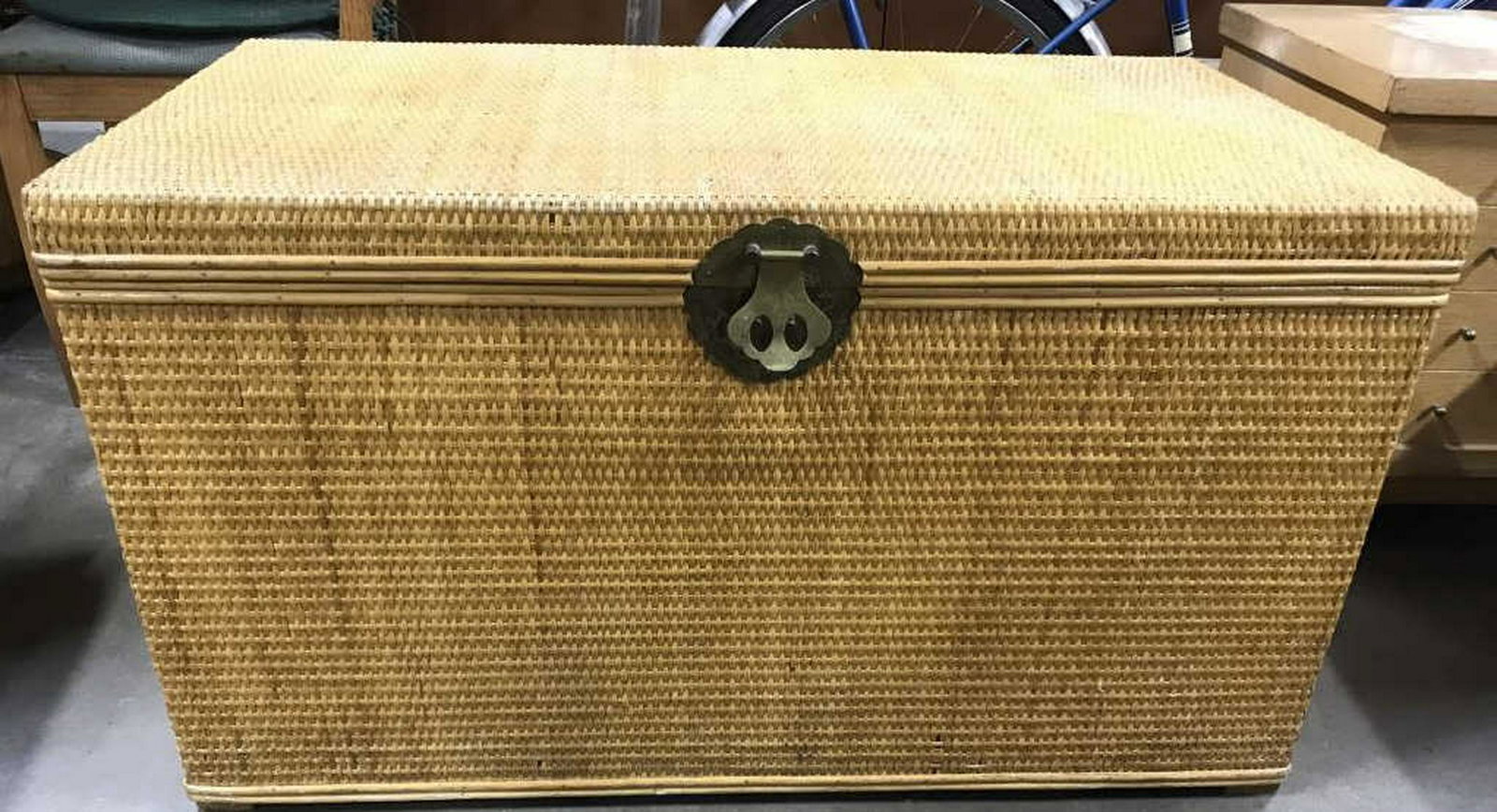 Vintage Woven & Wooden Chest Outer area of Chest has: Outer area of Chest has woven detail. Sides of chest each have gold toned possibly brass handles. Piece measures approx 36 inches long 20 inches tall and deep. chest trunk, unique home storage and acc