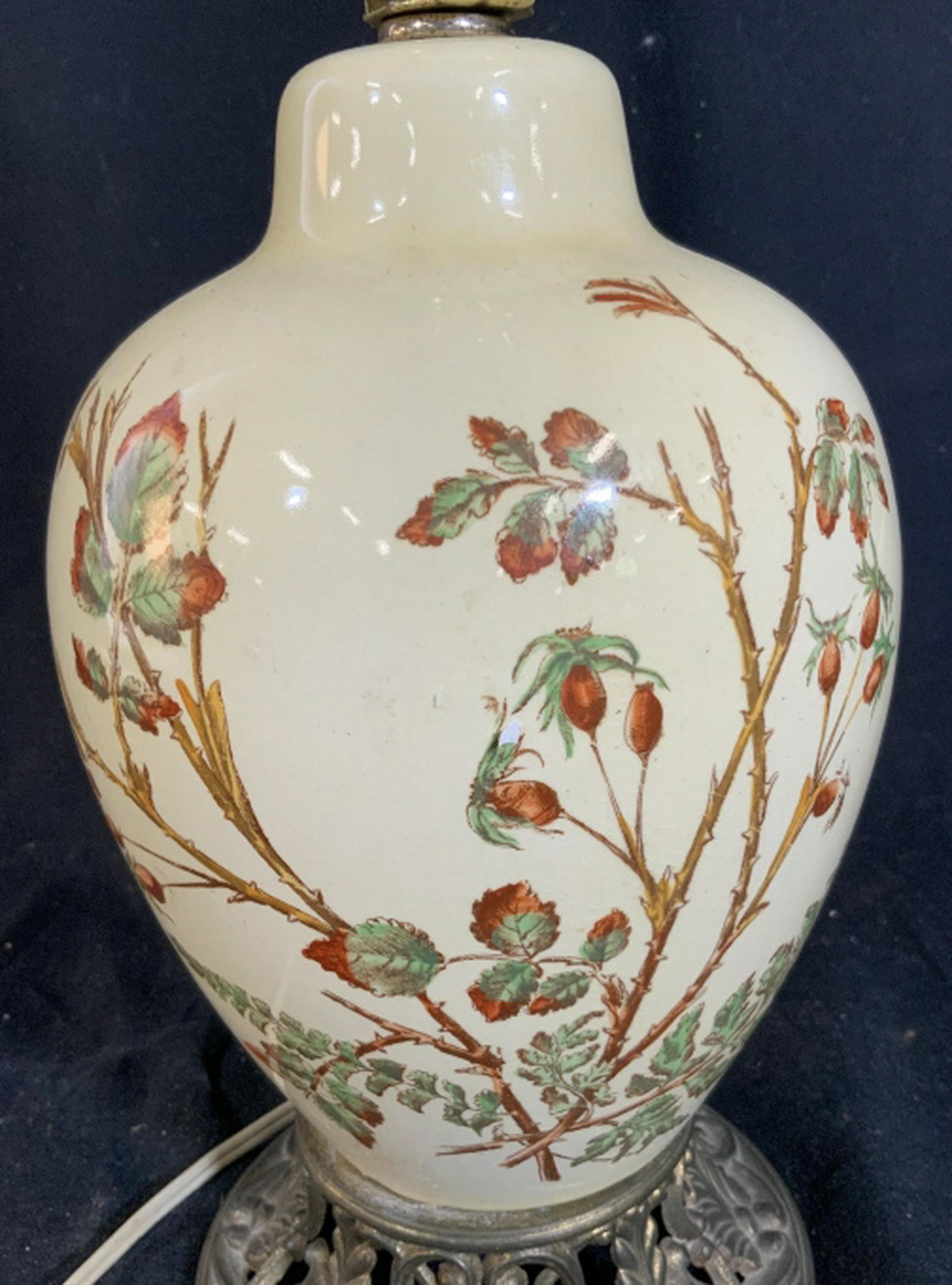 Metal and Ceramic Asian Vase into Lamp Open work metal: Open work metal made painted ceramic, Asian style, asian arts and crafts, home lighting and accessories measures to top of harp app 20 inches