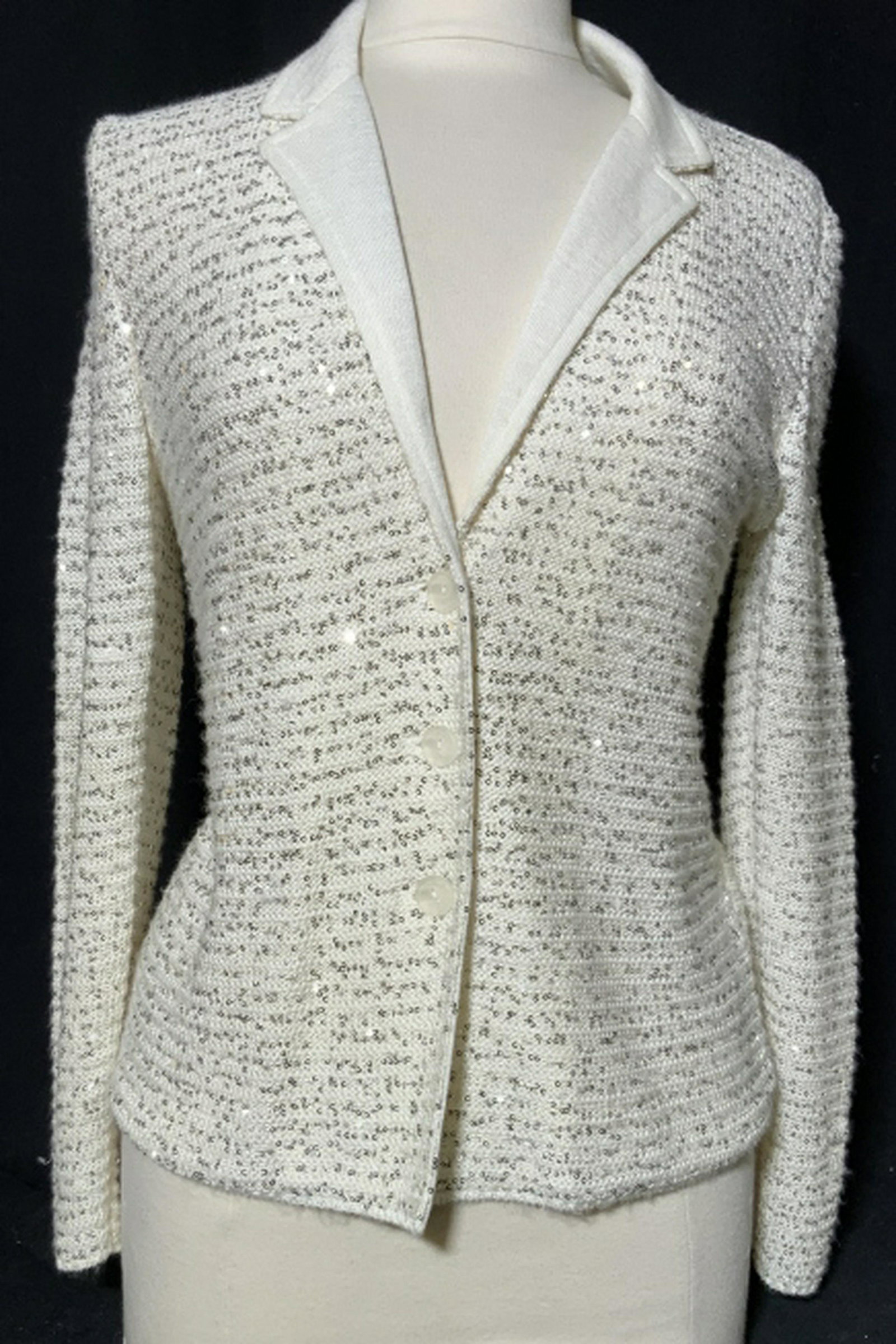 AMINA RUBINACCI, white Knit Jacket Button up sweater,: Button up sweater, white knit with silver threading, evening wear, luxury Italian designer, brand couture clothing, luxury fashion, button up sweater fits size small, sweater jacket