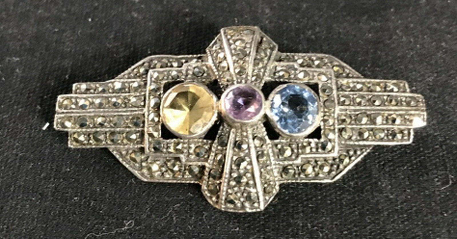 Art Deco Sterling And Marcasite Brooch Art Deco Pin,: Art Deco Pin, Estate Jewelry, Silver with markesite and Colored Stones, Estate Jewelry, Vintage Brooch, Measures app 1 by 2 inches Fashion accessory, wearables, women's vintage estate jewelry