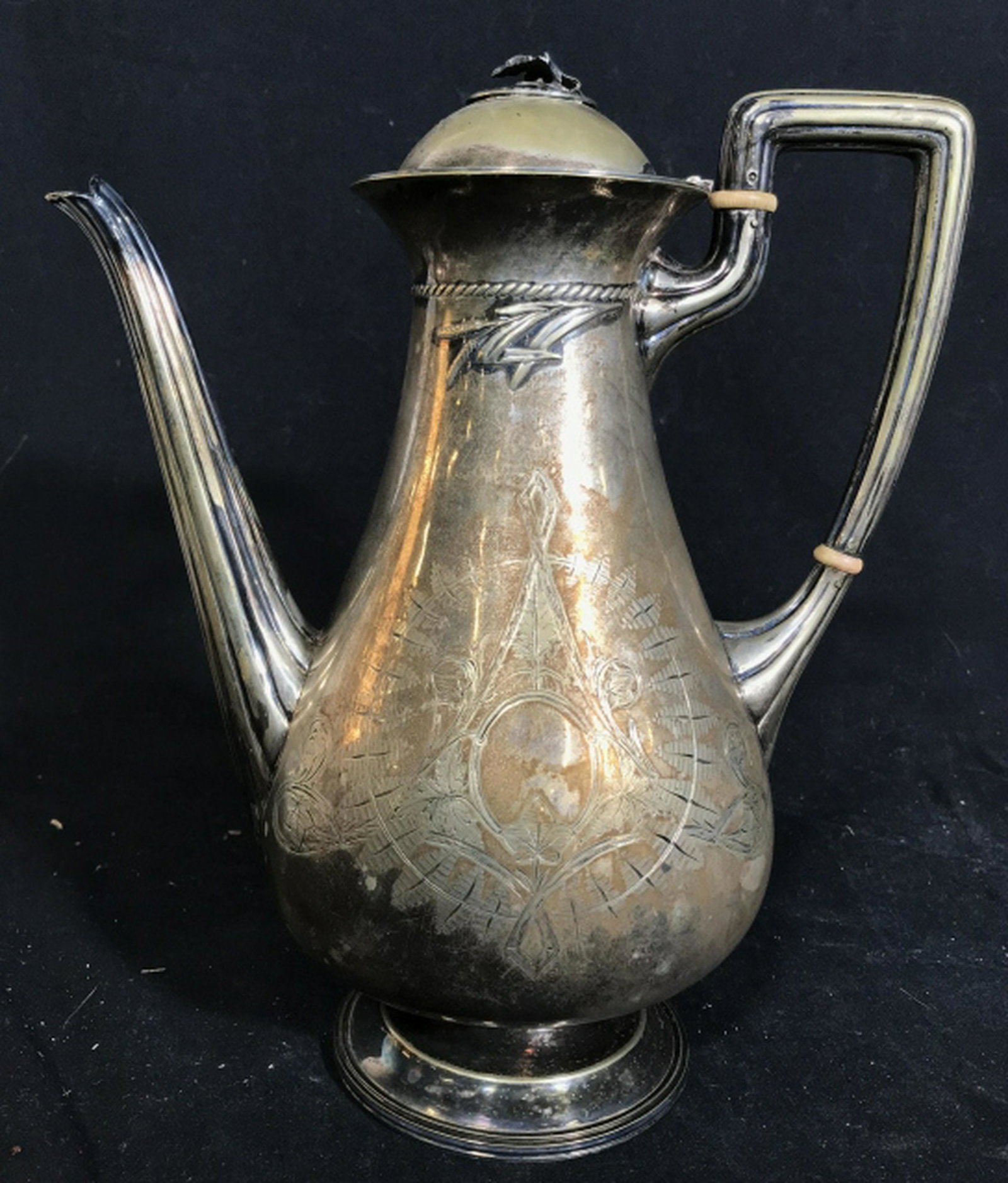 Antique Marked Art Nouveau Silver Pl Coffee Pot Lidded: Lidded Pitcher, Vessel, Up cycle vase. Art Nouveau Design with raised leaf and vine forms, etched geometric and duckling interpretive marsh scene, multiple trade marks under Side ht app 11 inches, spo