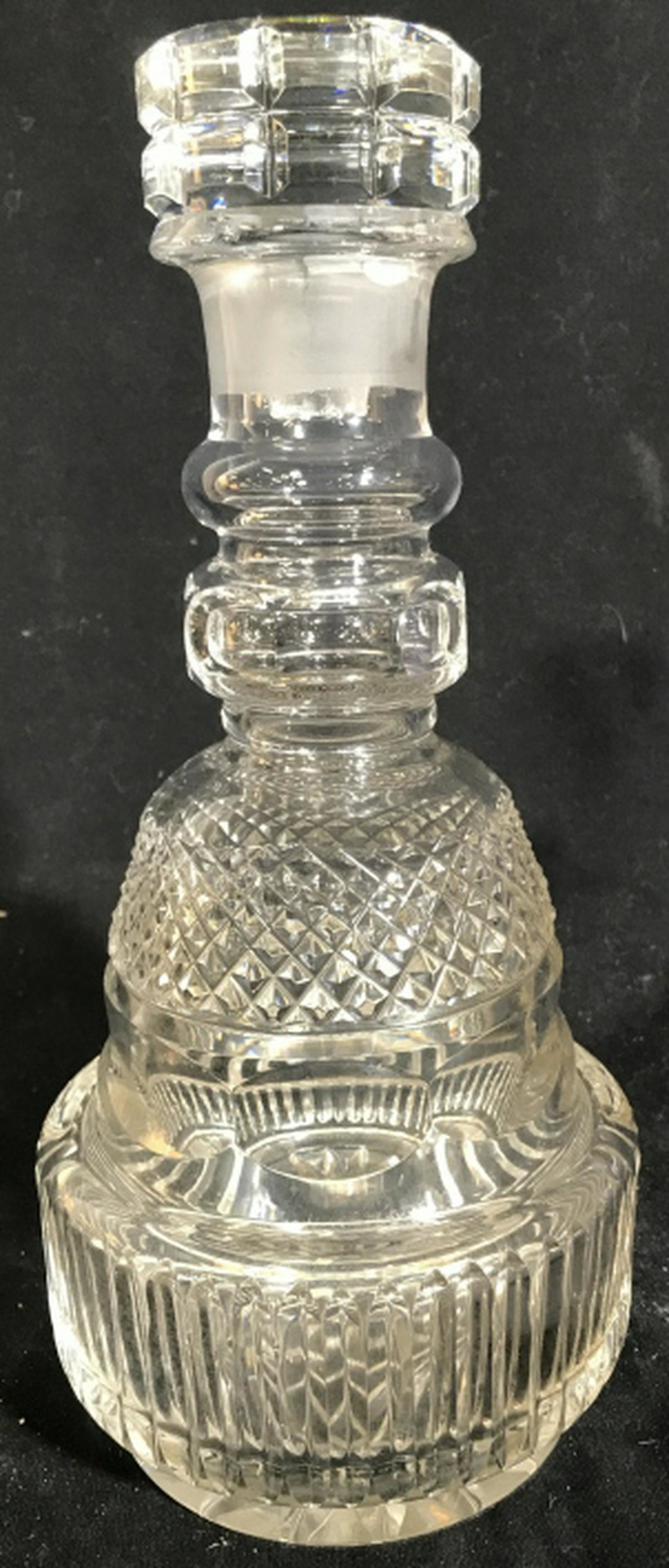 Vintage Cut Glass decanter With stopper, intricately: With stopper, intricately cut glass, bar ware, decanter, Vessel, Table ware, decorative accessory measures ht app 11.5 inches diameter app 6 inches