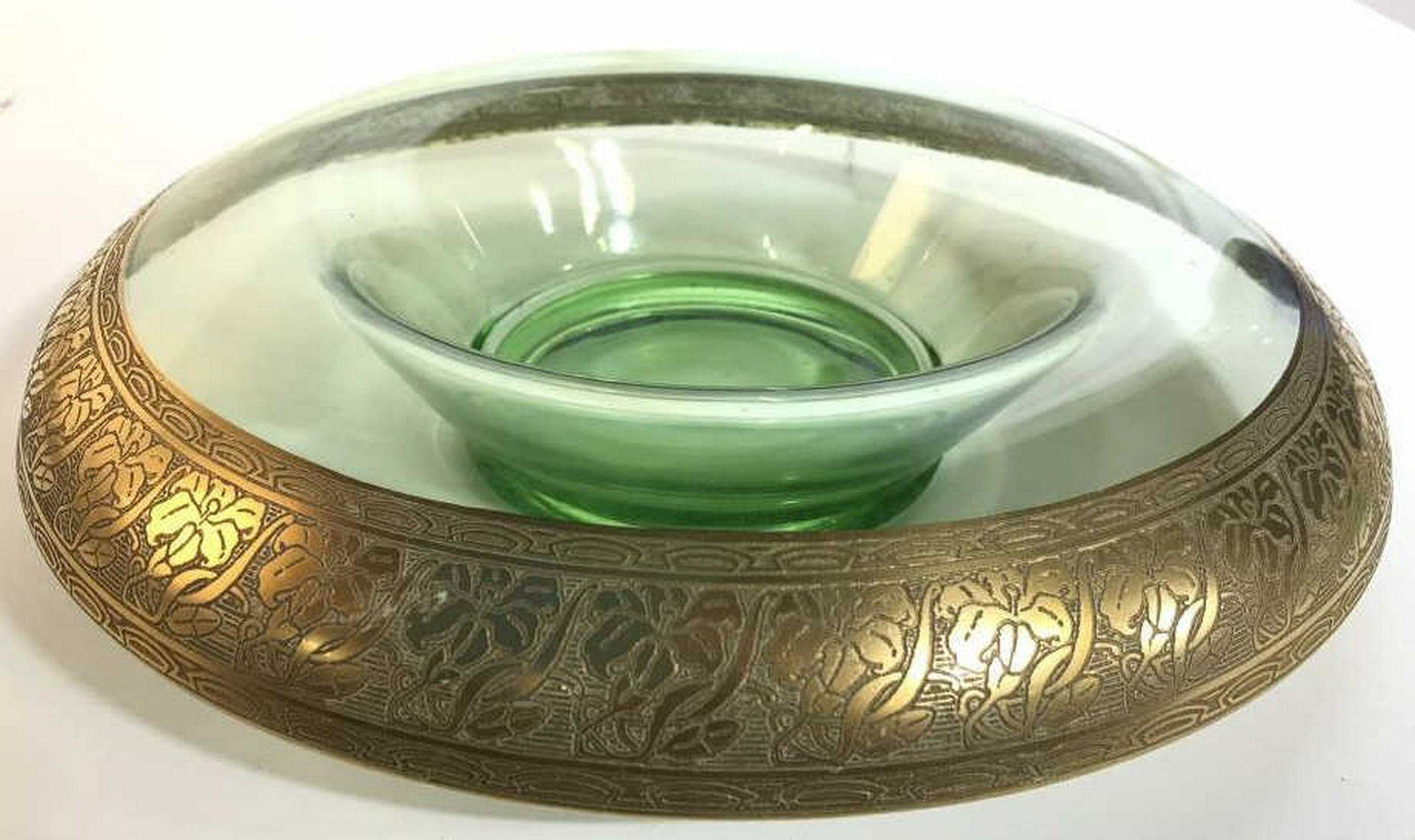 Vintage green and Gold Glass Centerpiece Bowl Wide gold: Wide gold embossed rim on clear green Crystal Glass, Tableware, Centerpiece Bowl, Fruit Bowl Measures ht app 3.5 inches diameter app 14 inches