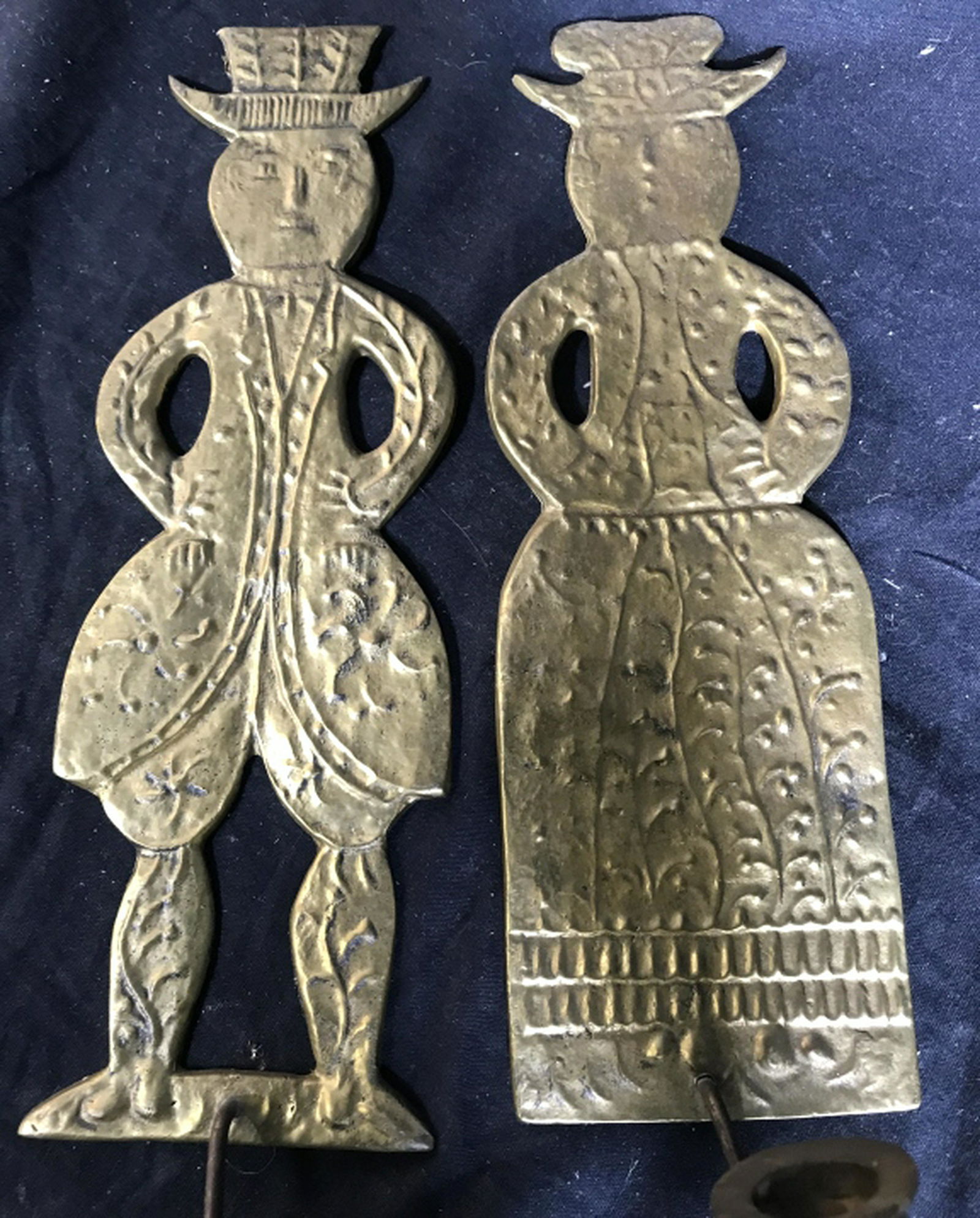 DENMARK Brass Figural Candle Sconces Heavy brass wall: Heavy brass wall candle sconces, Made in Denmark, figures go man and woman in danish antique attire, possibly antique, each Measures app ht 14 inches depth 4.5 inches, collectible antique wall decor,