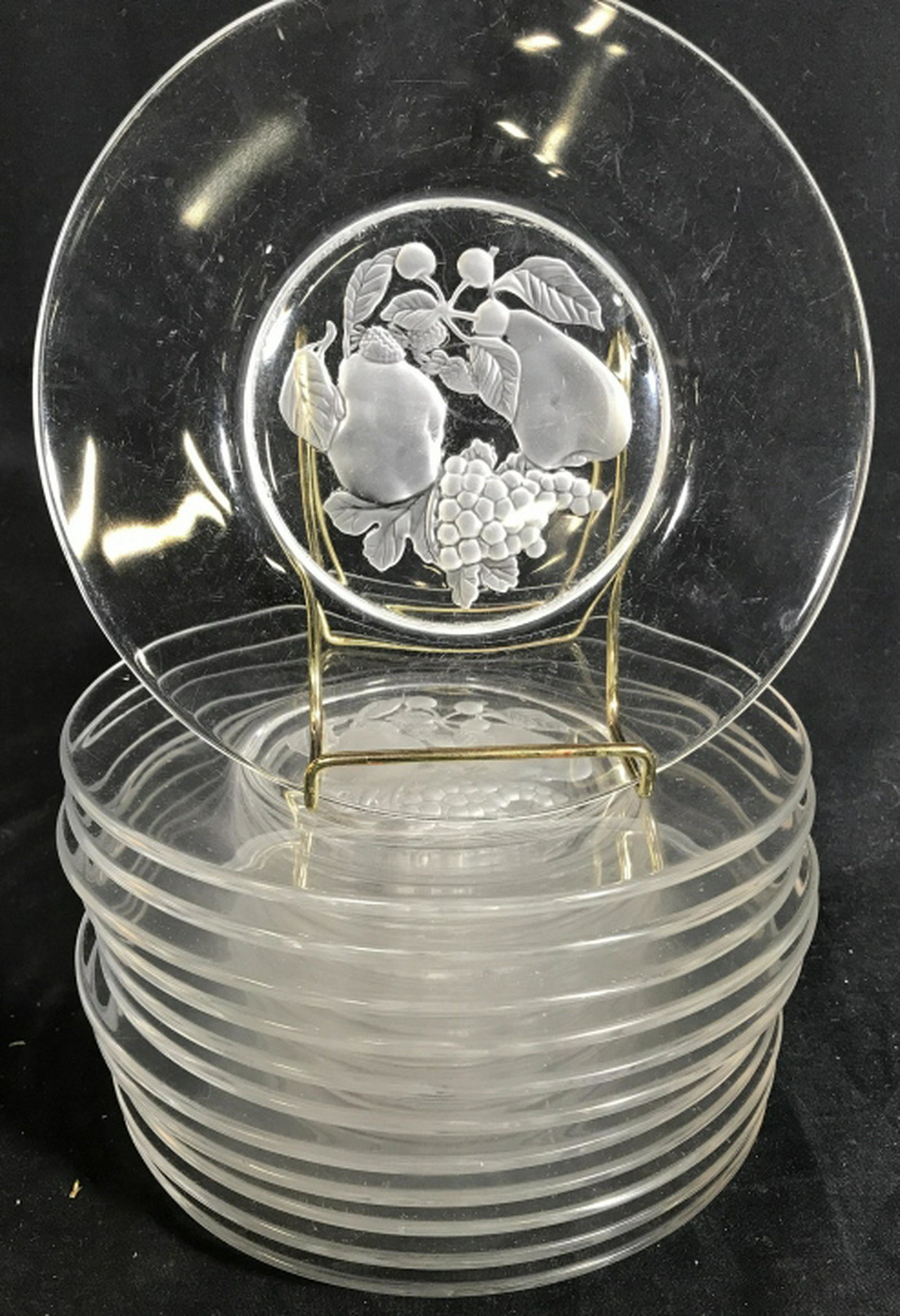 Val St Lambert Crystal Fruit Plates Set of 12 plates: Set of 12 plates Crystal Table ware, Luxury home brand, each marked for Val St Lambert, each with frosted fruit center, diameter app 8 inches each. dinnerware, decorative glassware, shelf piece, decor
