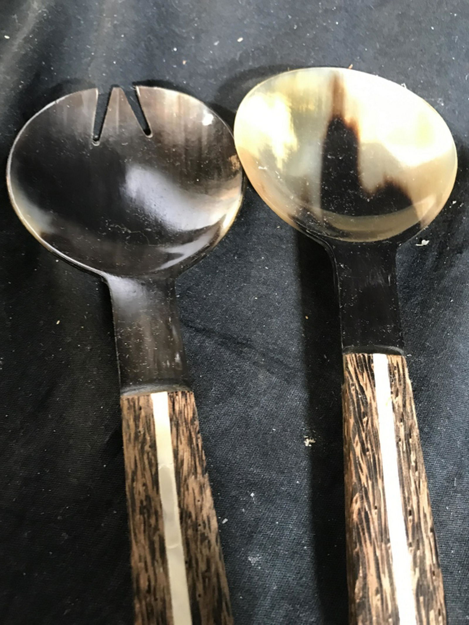 Hand Crafted Wood Bone Salad Servers carved wood in: carved wood in laid Mother Of Pearl, And Horn detailing, each measures app length 11 inches, Table ware, Serving Utensils,