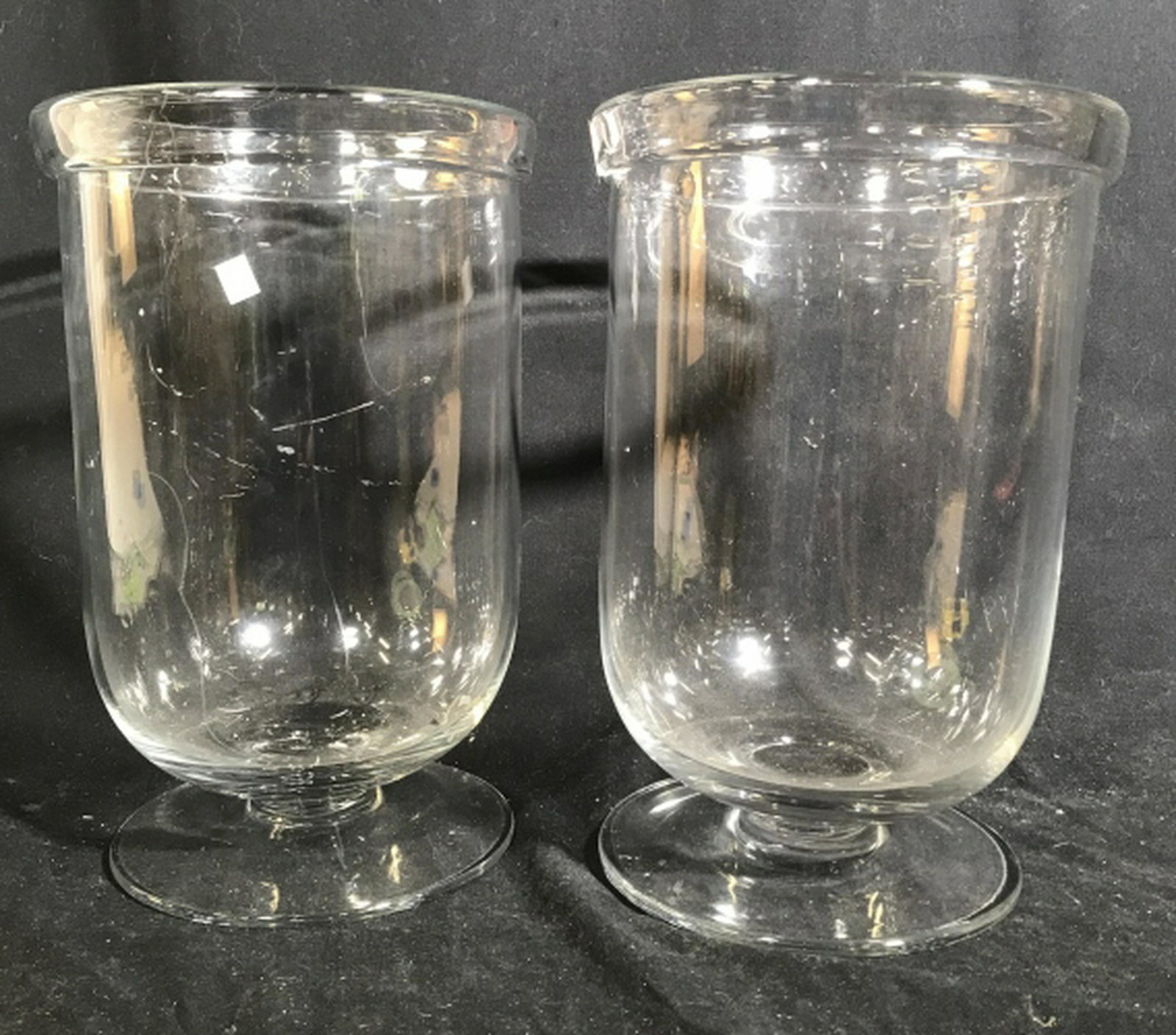 Pair Large Footed Glass Vases, Vessels Hurricanes,: Hurricanes, Candle Holders, patio / deck accessories Decorative Table ware each Measures ht app 12.5 inches diameter app 8.5 inches