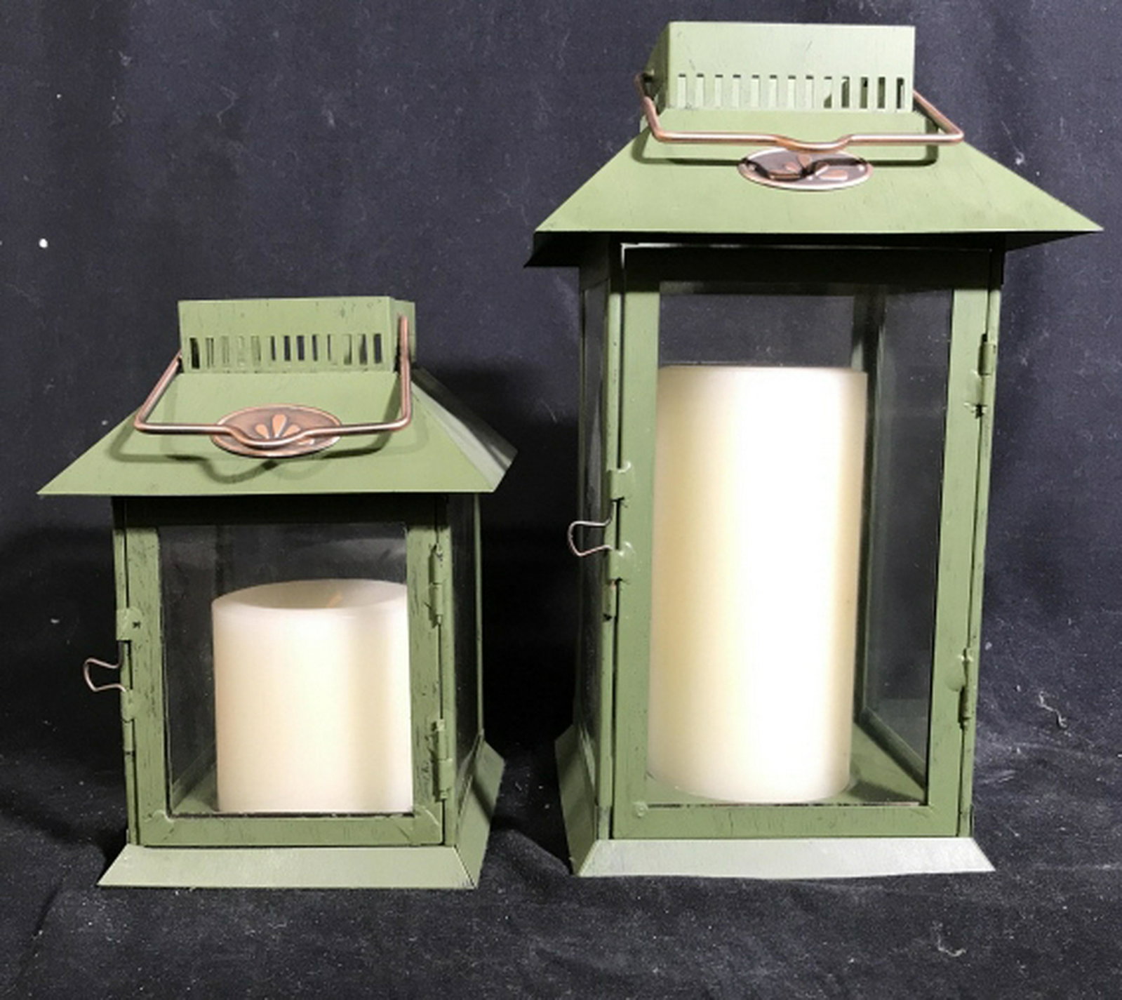 Pair Pottery Barn Green Candle Lanterns Metal and glass: Metal and glass lanterns comes with pillar candles taller measures ht 11 inches, indoor outdoor accessories, table ware, garden ornamentation