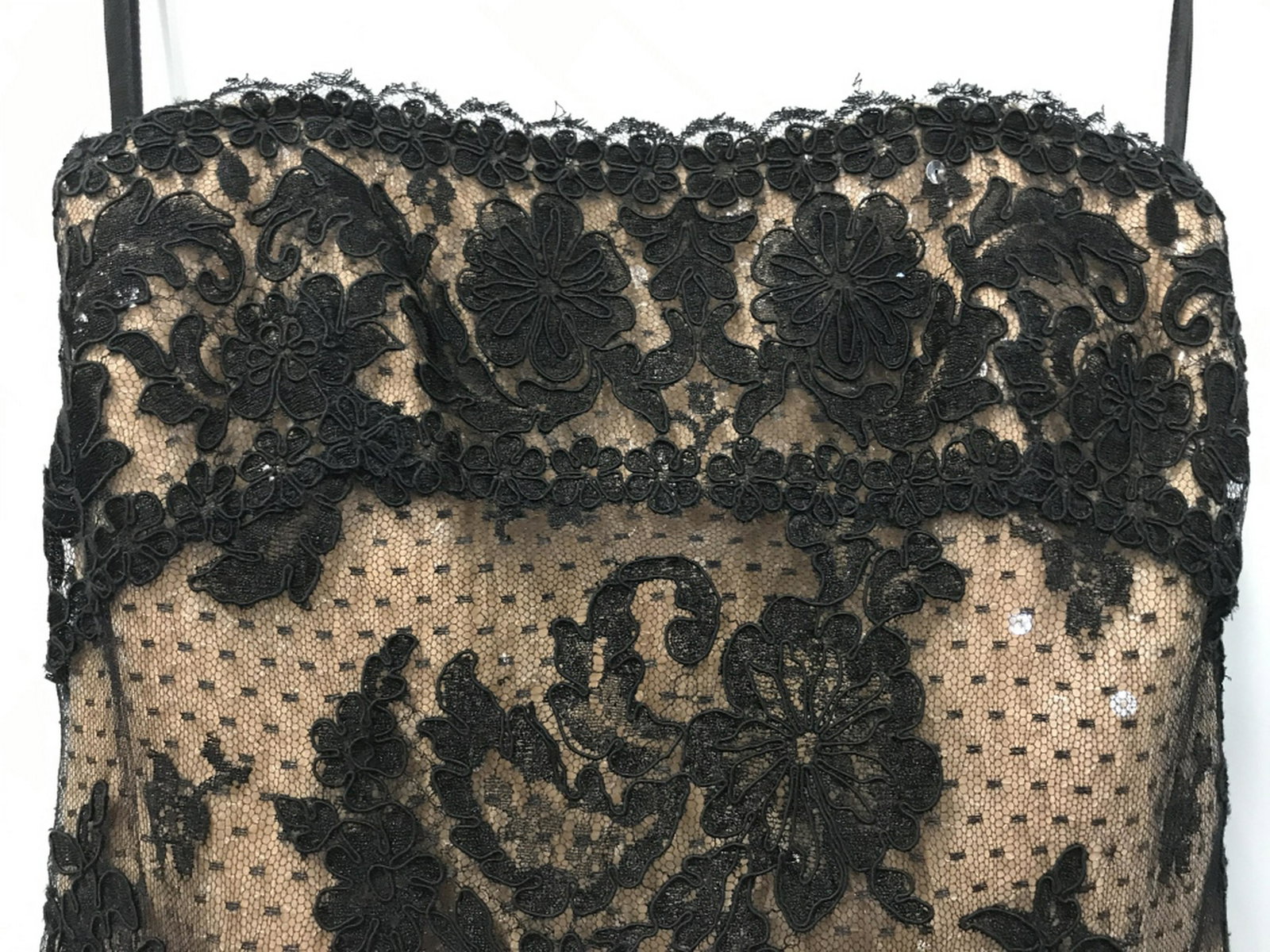 ROSE TAFT COUTURE Strapless Lace Evening Gown: Approximately Size Small Vintage Rose Taft Haute Couture qualities, with hand-sewn details throughout. Entire nude Lining with clear sequins. Incredible mid century fit, that flatters the body like no