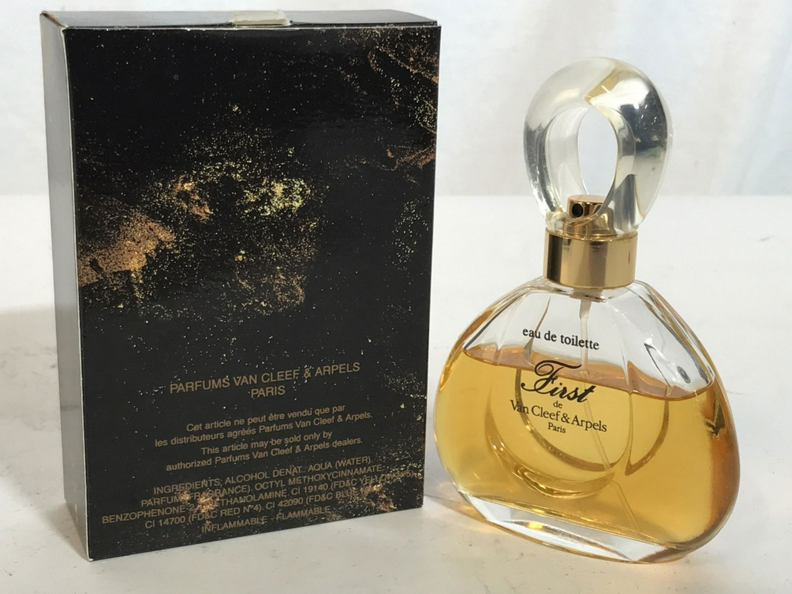 Van Cleef & Arpels EDT In Original Box Vintage FIRST by: Vintage FIRST by Van Cleef & Arpels Eau de Toilette Spray Bottle. 3/4 full, previously owned. 2 Fl. oz / 60 ml bottle. Bottle measures 5 x 3 1/4 in. Made in France. vanty accessory, perfume bottle