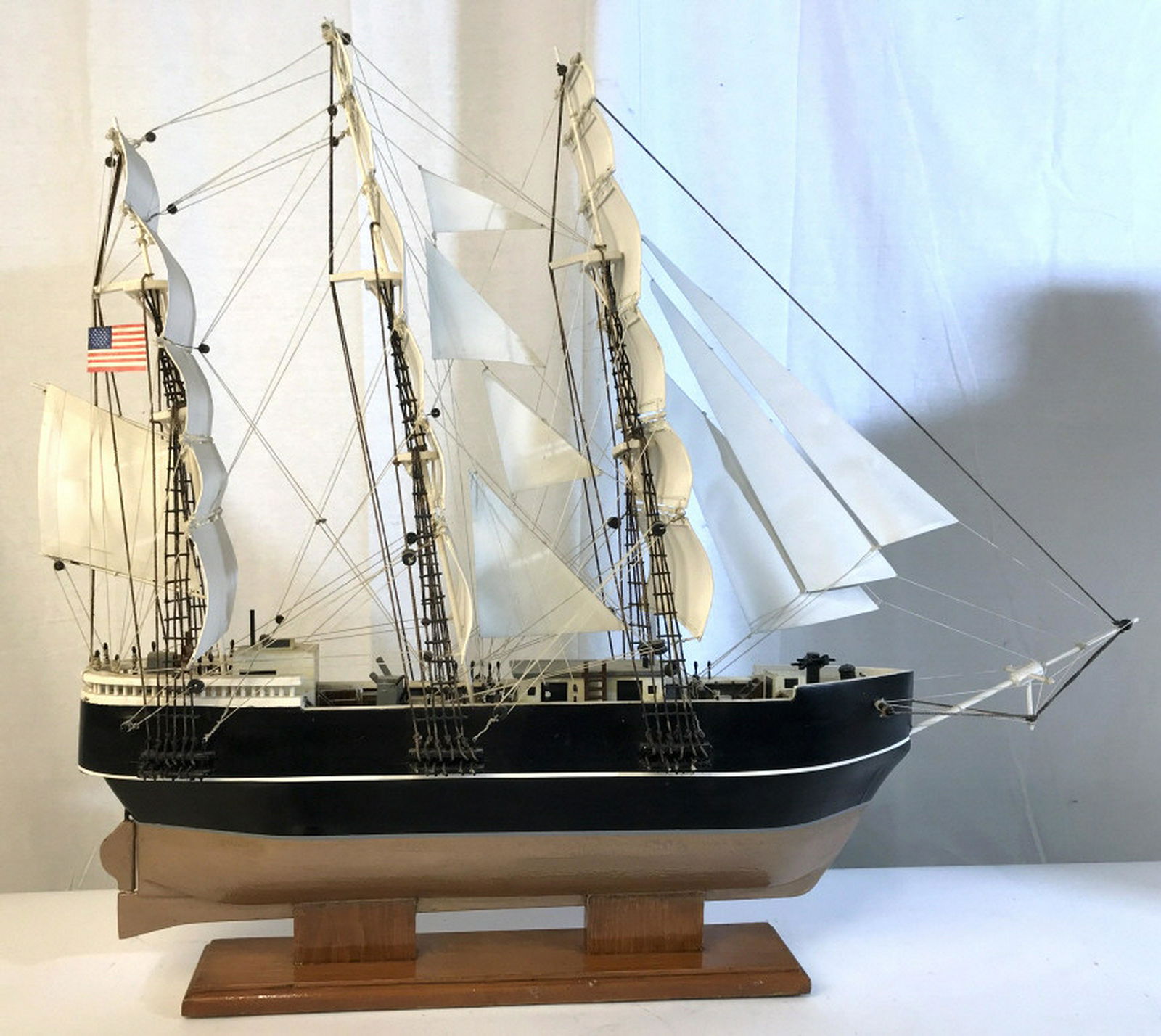 Detailed sailing vessel model on stand Polished wood,: Polished wood, rope, wire, fabric, carved wood, string, detailed, hand painted, mounted on stand. Oversized, statement ship sculpture. Maritime collectible, nautical collectible, sailing vessel, displ