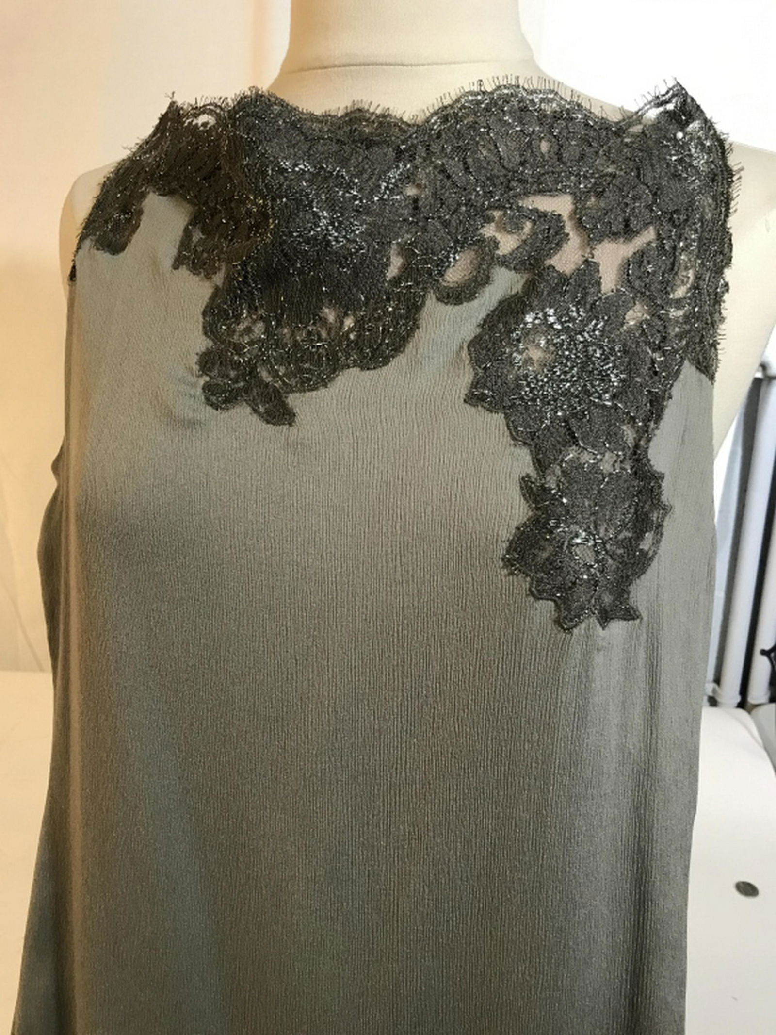 Grey Lace Slip Dress MOSCHINO COUTURE Sleeveless: Sleeveless Moschino Couture with metallic lace around neck, shoulders and bottom seam. Flawless. Made in Italy. US size 10 or size 44. Mostly rayon fabric. Cocktail Dress, Luxury Designer, Short Dress