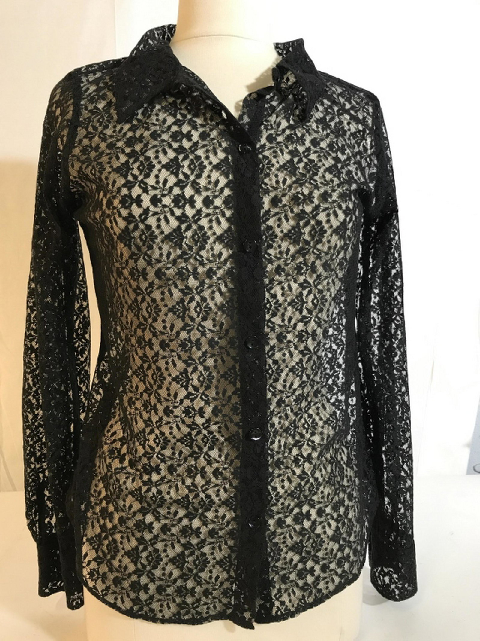 Lace Button Down Long Sleeve Blouse Soft Lace with: Soft Lace with iridescent black buttons on front & cuffs. Possibly size S/M. See through. no rips, pulls, other issues with the lace. Cocktail Shirt, Lace Blouse, See through lace, Business Attire, Ev