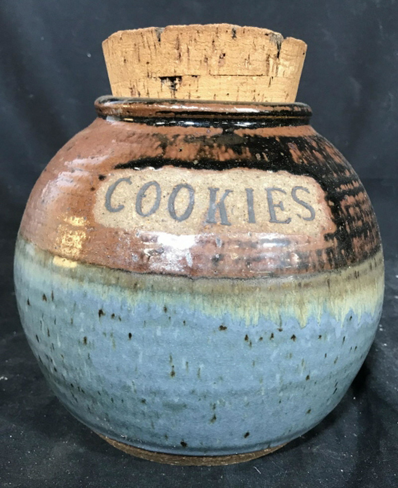 Vintage Glazed Terra Cotta Cookie Jar w Cork Signed: Signed illegibly on underside, Arts and crafts, ceramic pottery stoneware, earthenware, cookie jar, kitchen accesories, counter top accessory Measures ht app 9 inches diameter app 9 inches