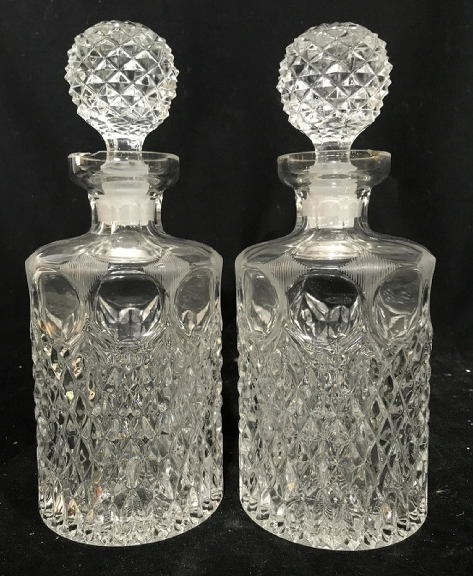 Pr Vintage Cut Glass Decanters With Stoppers, bar ware,: With Stoppers, bar ware, table decor, vintage glass ware, collectible glass ware, ht app 11 inches, one has rim chip