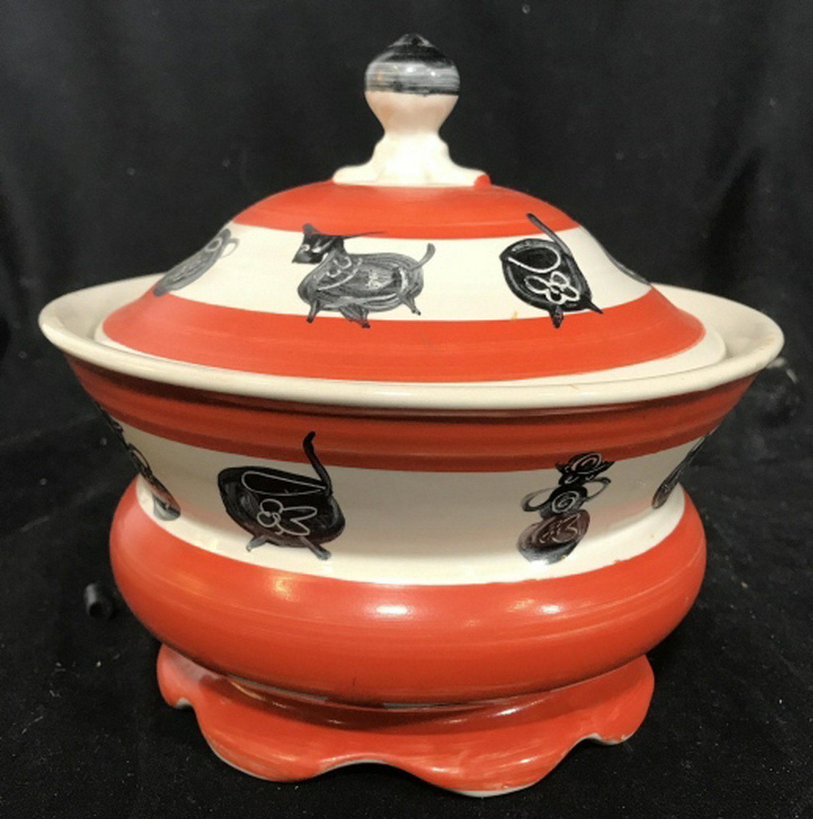 Vintage Orange White Black Ceramic Vessel Orange and: Orange and white striping with black animal Figurals and black painted Urn and vase Figurals, pottery, table ware, arts and crafts, decor pieces, measures ht app 7 inches diameter app 7 inches