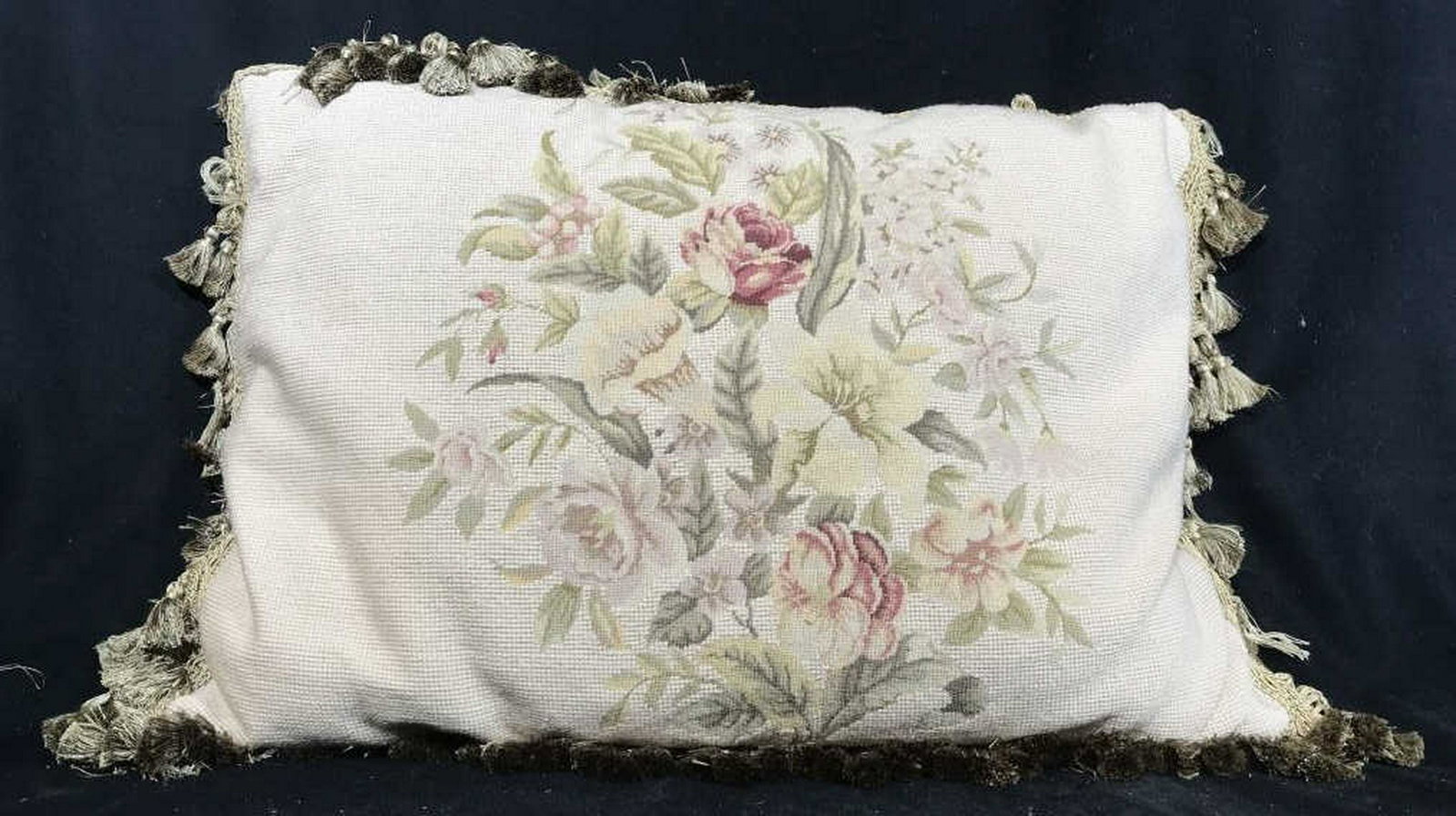 Needlepoint Floral Design Toss Pillow With Velvet back: With Velvet back and tassel Fringe, Throw Pillow, toss pillow, decorative accessory, measures ht app 19 inches width app 25 inches