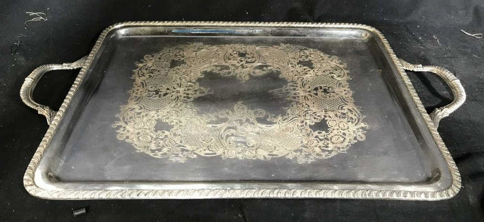 Trademarked Large Silver Plate Gallery Tray Handled: Handled Tray, Decorative Accessory, Table ware, serving platter, measures app length to handles 24 inches width 15 inches