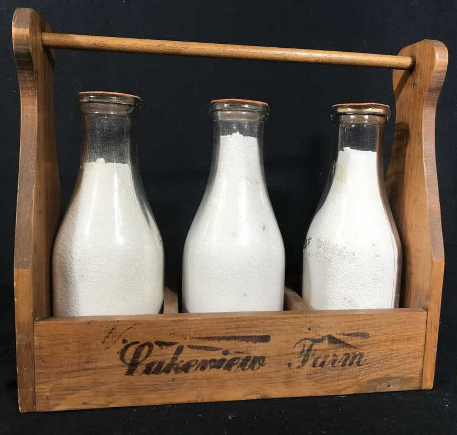 Antique Milk Bottle Carrier w Bottles Collectible crate: Collectible crate carrier, wood with farm name and cow illustrations,country decor, antique farm collectible measures ht 13 incheslength app 14 inches, depth 5 inches