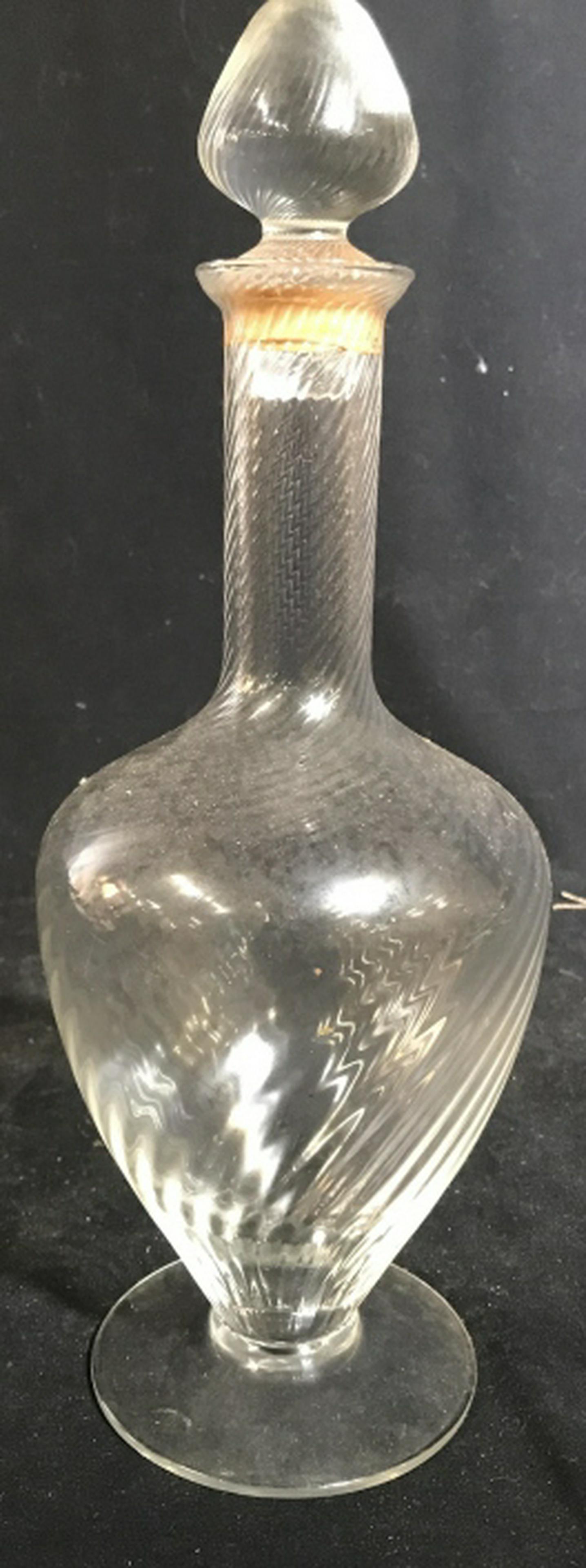 Vintage Swirl Form Glass Decanter With short pedestal: With short pedestal base and matching swirl form stopper, measures ht app 14 inches, decanter, barware, decor piece, tableware, vessel