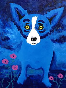 Signed Original George RODRIGUE Blue Dog Painting: George RODRIGUE (American, 1944–2013). Signed Painting On Canvas depicting Rodrigue’s iconic blue-hued, yellow-eyed Dog among pink flowers in a blue environment. Signed RODRIGUE in lower left