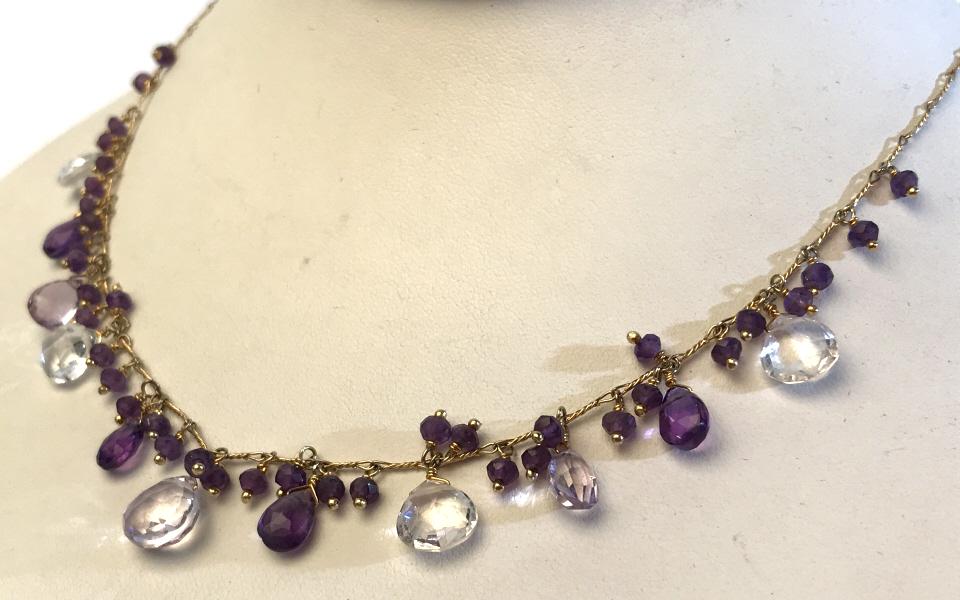 Gold-Washed Sterling Necklace W Amethysts & Spinel: Gold-washed sterling silver necklace with amethyst and clear semiprecious gemstones, possibly colorless SPINEL, possibly clear quartz gemstones. Lobster clasp closure. Clasp is marked 925 for sterling