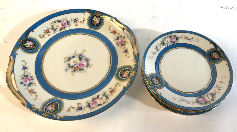 Set 6 Handpainted porcelain plates and tray: Made in Japan by Noritake. 5 plates measure approximately 6 inches in diameter. Tray measures approximately 9.5 inches in diameter. Handles on side of tray. Flowers are painted and accents are painted