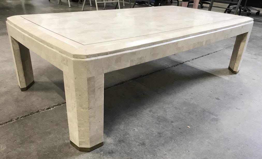 MAITLAND SMITH Tessellated Coral Brass Coffe Table: Coffee Table is MAITLAND SMITH. Contains Tessellated coral toned detail. Also contains gold toned brass elements. Circa 1970’s - 1980’s. Hollywood regency, coffee table, vintage coffee table, MAIT