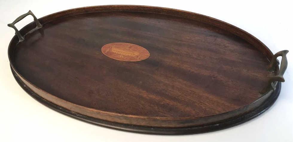Antique Inlaid Wood Brass Gallery Tray: On back engraved EAS Maker, oval Gallery Tray with brass handles inlaid center medallion Of Urn with vines, Measures length app 25 inches, width 14.5 inches ht app 3 inches, antique tray, table ware, 