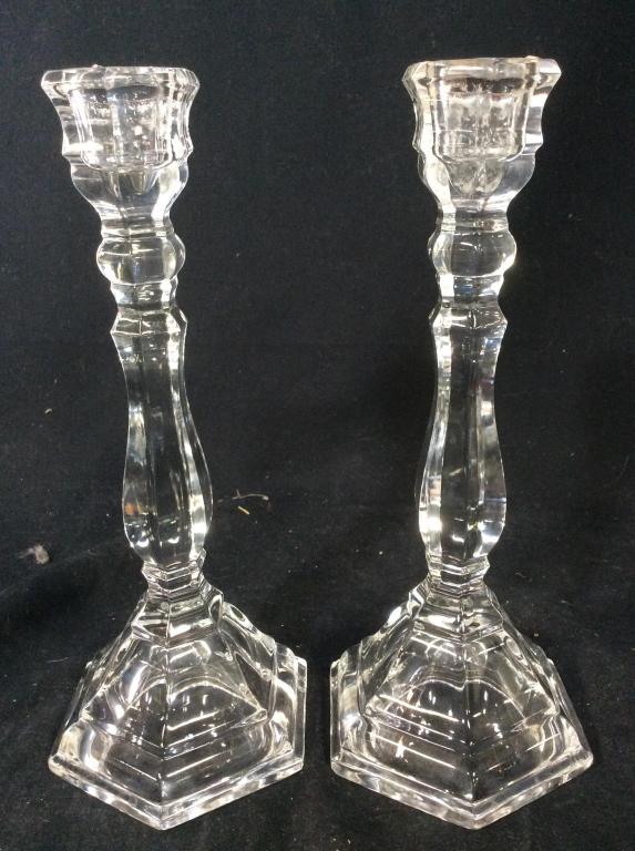 Pair Cut Crystal TIFFANY & CO Candlesticks: Lot includes 2 Cut Crystal Candlesticks. Each are marked Tiffany & Co on underside. Each measures approx 9 inches tall 3.5 inches wide. candlesticks, tableware, decorative accessories, home accessorie