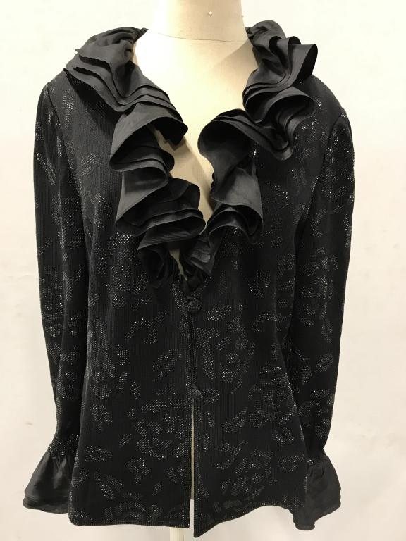 Showpiece Evening Sweater Jacket w Silk Taffeta: Button Down Jacket with Reflecting Silver Bead - style On Fabric. Fabric stretches, fabric unknown, possibly cotton, nylon, poly blend. Cuffs and collar heavily ruffled, we believe to be silk taffeta.