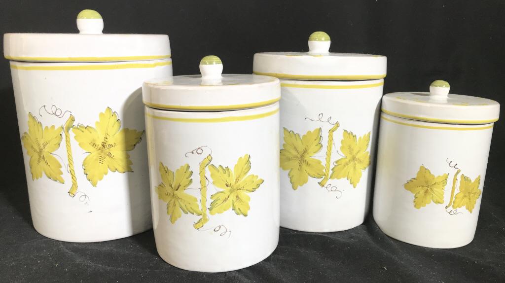 Lot 4 ITALIAN Porcelain Jars W Lids: Jars appear to Possibly be hand painted. Each has painted leaf detail. Underside is marked ITALY. LARGEST jar measures approximately 9 inches tall 6.5 inches wide. kitchen canisters, collectible porce