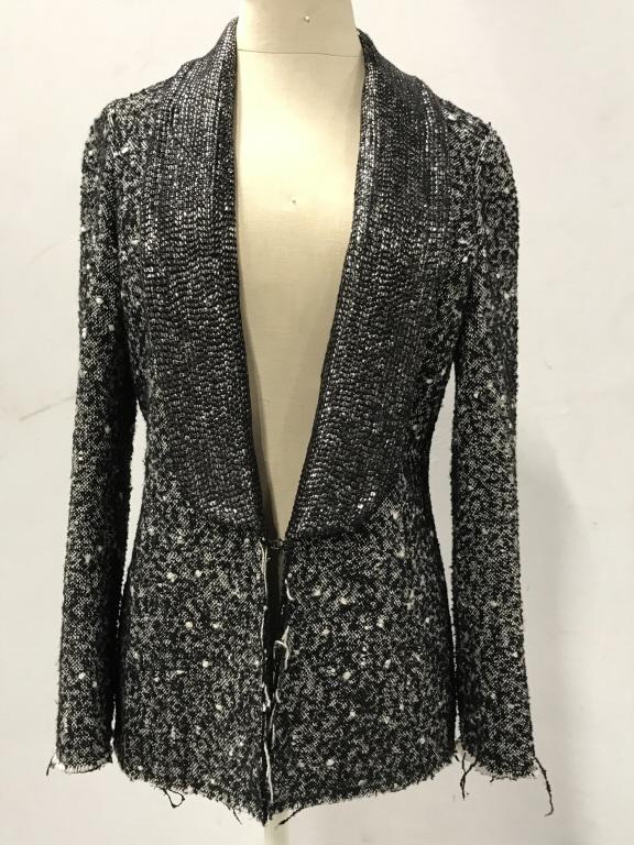 Vintage AKA New York Fabric Blazer Sequined Lapel: Designer Brand Blazer with sewn sequins on Lapel Collar. Intentional hanging threads on hem and sleeves for distressed / chic look. Size M. Lined on interior. Exterior fabric is polyester with a bit o