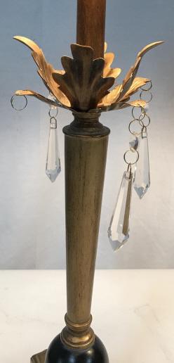 Pair - Bombay Gold & Black Lion Foot Motif Lamp: Black shades with gold fabric underneath for a warm glow. Matching finials. Switch is on cord for on/ off function. Painted and distressed gold tone on wood w/ cascading prism icicle spear crystals ha