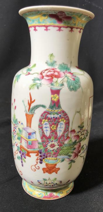 Asian Porcelain Painted vase Hole on underside, hand: Hole on underside, hand painted garden and temple scene ,Asian arts and crafts, vase vessel, tableware, shelf piece, decorative arts, measures ht 9 inches diameter app 4.5 inches