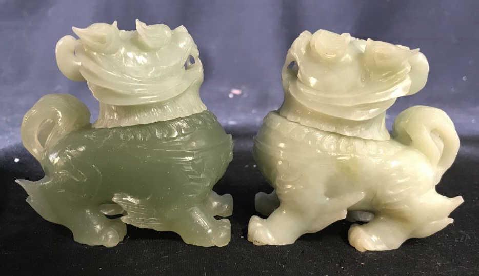 Pair Jadeite Carved Temple Lions Bottles Carved temple: Carved temple lions, foo dogs, dragons, Asian arts and crafts, possibly jadeite, each with twist off head to reveal bottle, decorative accessories, chinoiserie, Asian decorative accessories, each meas