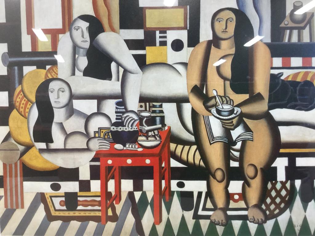 FERNAND LEGER 3 WOMEN LE GRAND DEJEUNER Print Lower: Lower area of print reads FERNAND LEGER 3 WOMEN LE GRAND DEJEUNER. Depicts 3 abstract female nude figures. Piece is set in gold toned frame. Measures approx 14.5 inches long 11 inches tall. 6