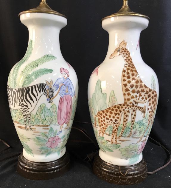 Pair Animal Theme Porcelain Lamps Porcelain lamps with: Porcelain lamps with painted Zebras, Giraffes and more, one has giraffe finial, ht to finial app 34 inches, home accent and accessories, decorative accessories, home lighting, home decor, table lamps,