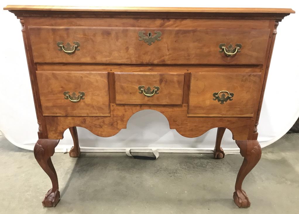STEPHEN C SCHOMMER Ball & Claw Foot Chest Included: Included Booklet reads STEPHEN C SCHOMMER. Piece has 1 large drawer & 3 small drawers. Each appears to have hand dovetailing. Piece contains ball & claw style feet. Measures approx 45 inches long 40 i