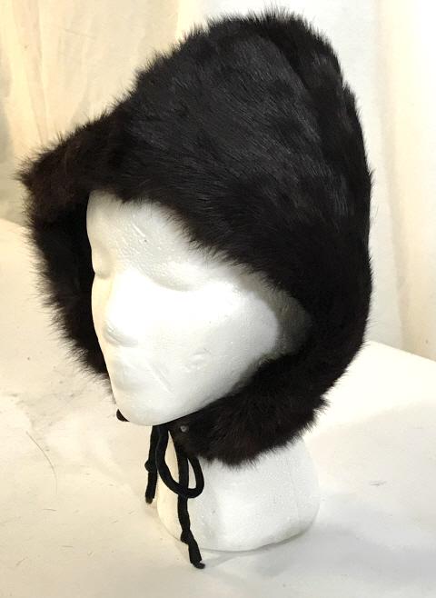 Lined Dark Brown FUR Hat with Chin Tie: Possibly Rabbit Fur Hat. Fully Lined with velvet ties. Ties under chin. OSFA. Designed to come to a point on top and in back. Approx horizontal Measurement is 14- 15 in. Fur Hat, Rabbit Hair, Outerwea